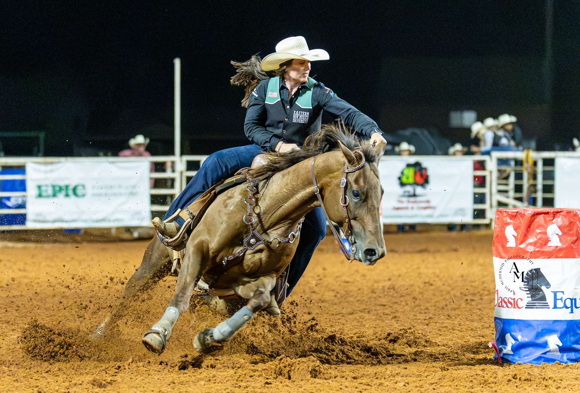Shaeden Marr running the barrels at the 2026 College Daze Rodeo