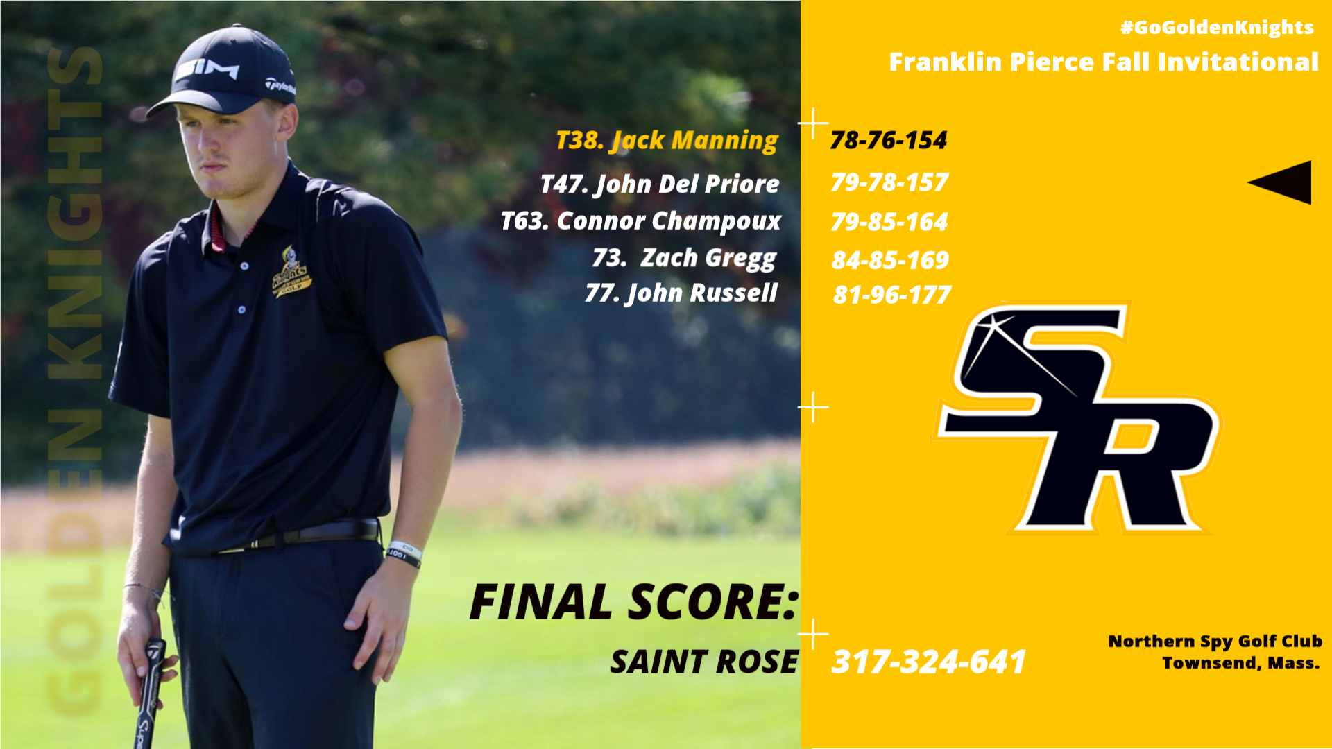 Graphic for final results of The College of Saint Rose Men's Golf Team on September 18 and 19 at the Franklin Pierce Fall Invitational at Northern Spy Golf Club in Townsend, Mass.