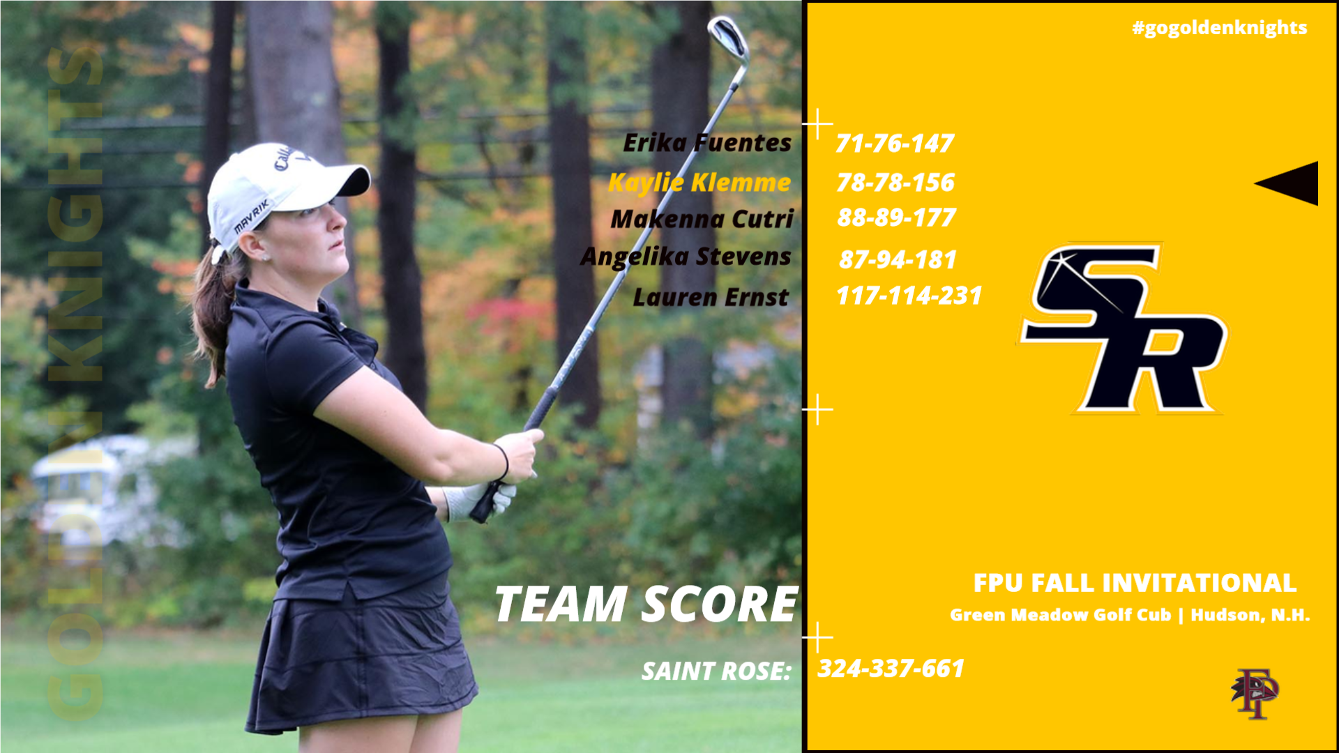 Graphic for The College of Saint Rose women’s golf team finishing fourth at the Franklin Pierce Fall Invitational at Green Meadow Golf Club in Hudson, New Hampshire.