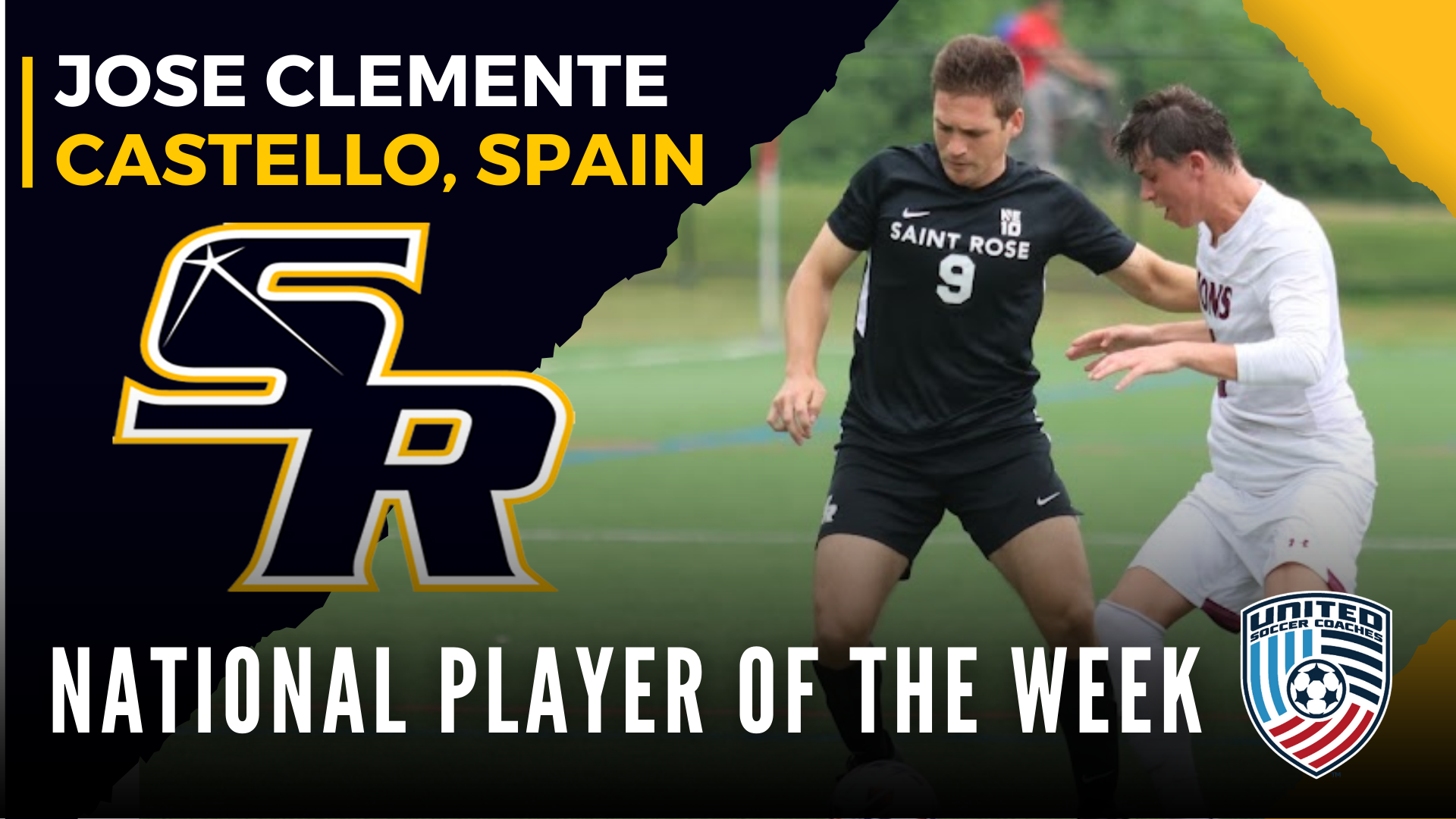Graphic for Jose Clemente of The College of Saint Rose men's soccer team earning the United Soccer Coaches Association NCAA Division II Player of the Week award for the period ending Sunday, October 15, 2023