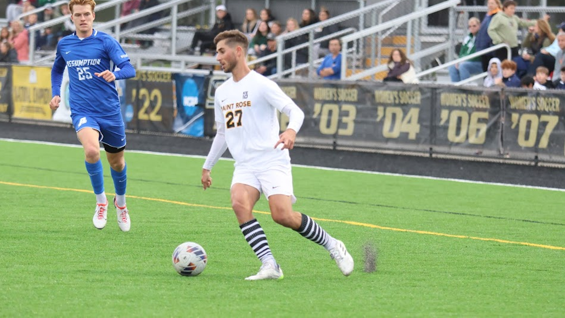 Alejandro Aleo of The College of Saint Rose men's soccer team in action against Assumption on Saturday, October 14, 2023 in Albany, New York
