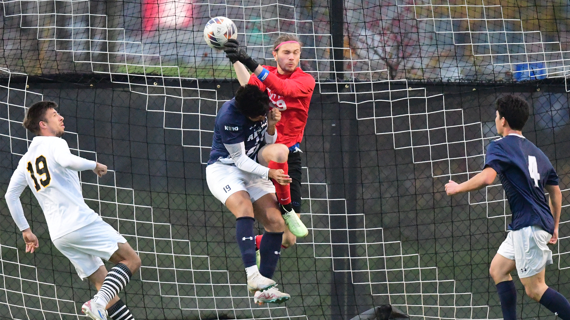 Leopold Dufaut of The College of Saint Rose men's soccer team in action against Saint Anselm on Saturday, November 4, 2023 in Albany, New York