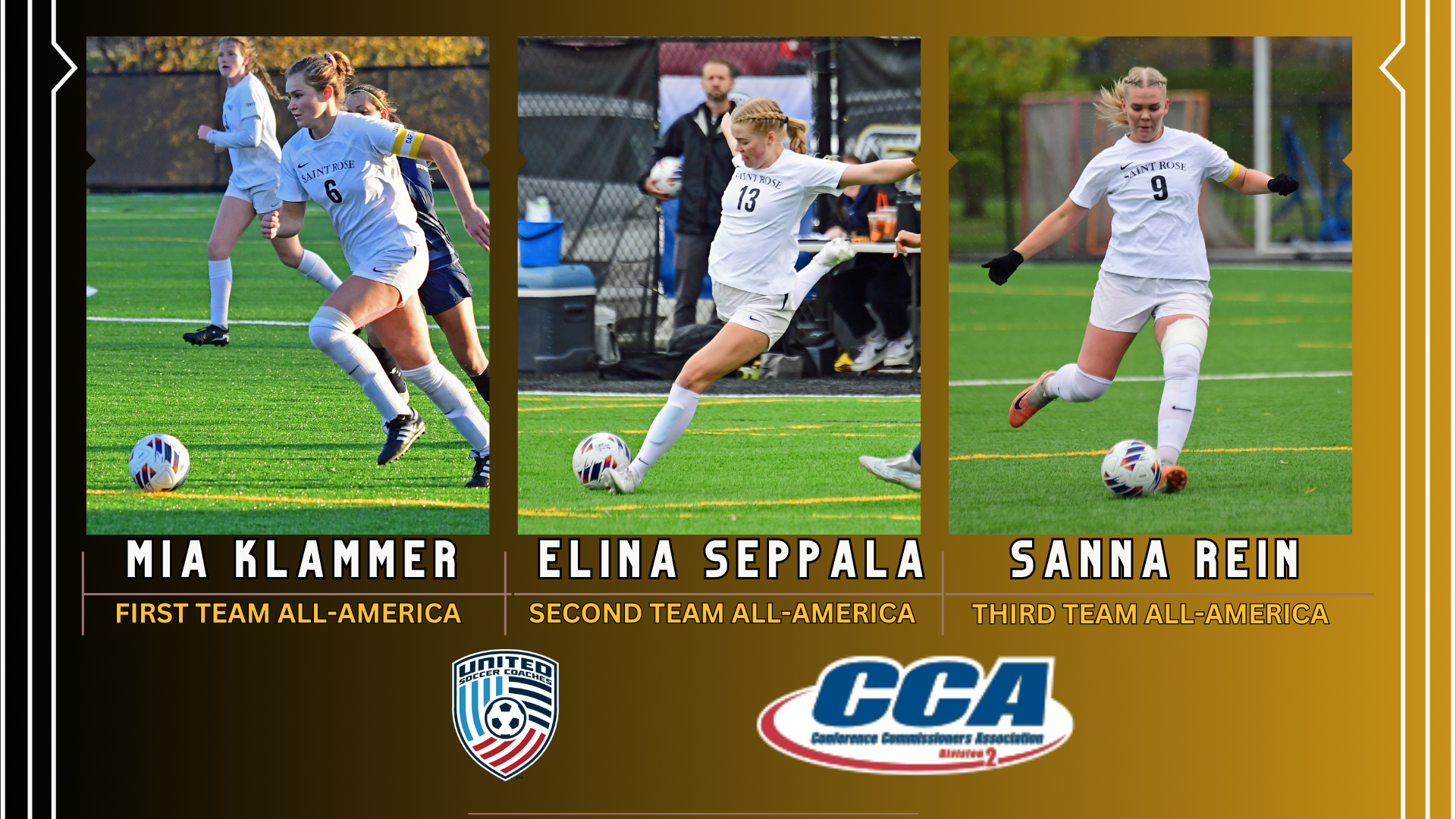 Graphic of The College of Saint Rose women’s soccer team members who were named to the All-American by the D2CCA and United Soccer Coaches Association