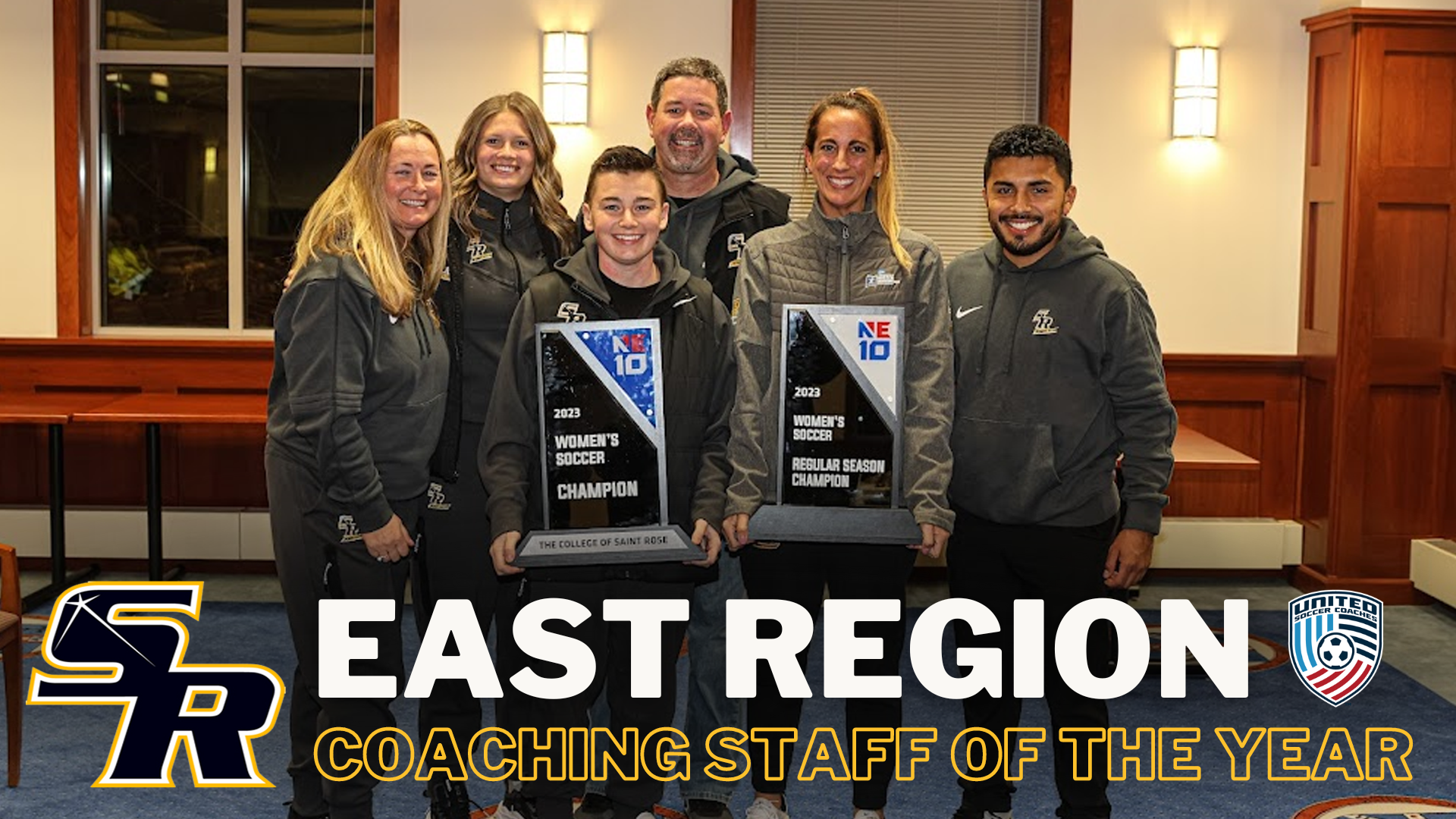 Graphic for The College of Saint Rose being named the 2023 United Soccer Coaches Association Division II Women’s Soccer Player East Region Coaching Staff of the Year