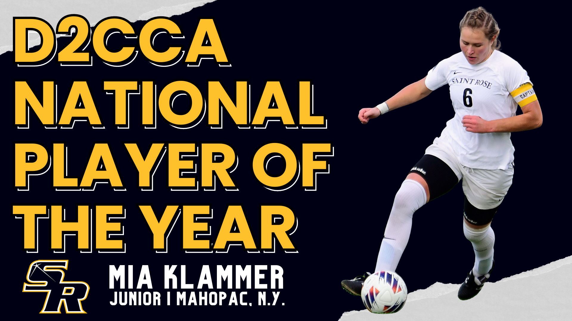 Graphic for Junior forward Mia Klammer of The College of Saint Rose being named the 2023 Division II Ron Lenz Conference Commissioners Association Women’s Soccer Player of the Year