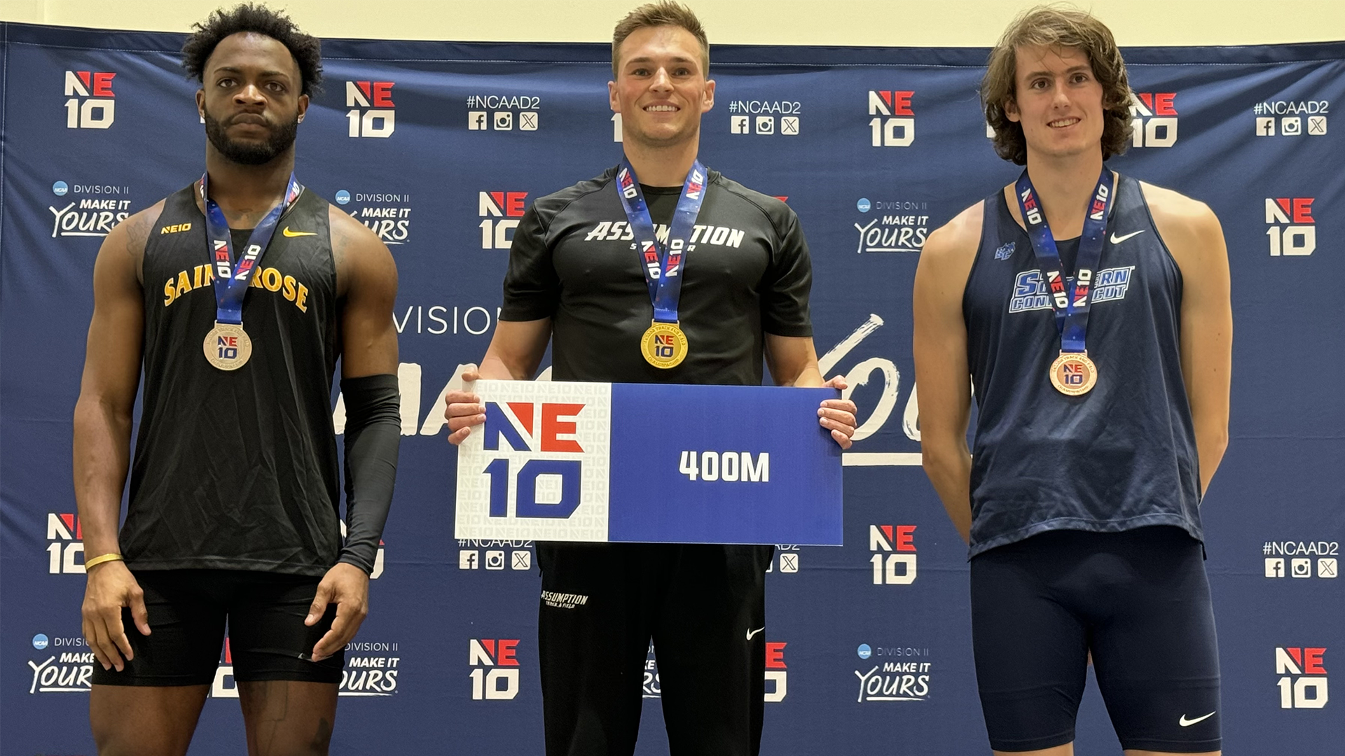 Reese Casinelli at the podium of the 2023-24 Northeast-10 Conference Indoor Track & Field Championships on Saturday, February 17, 2024 in Boston, Massachusetts