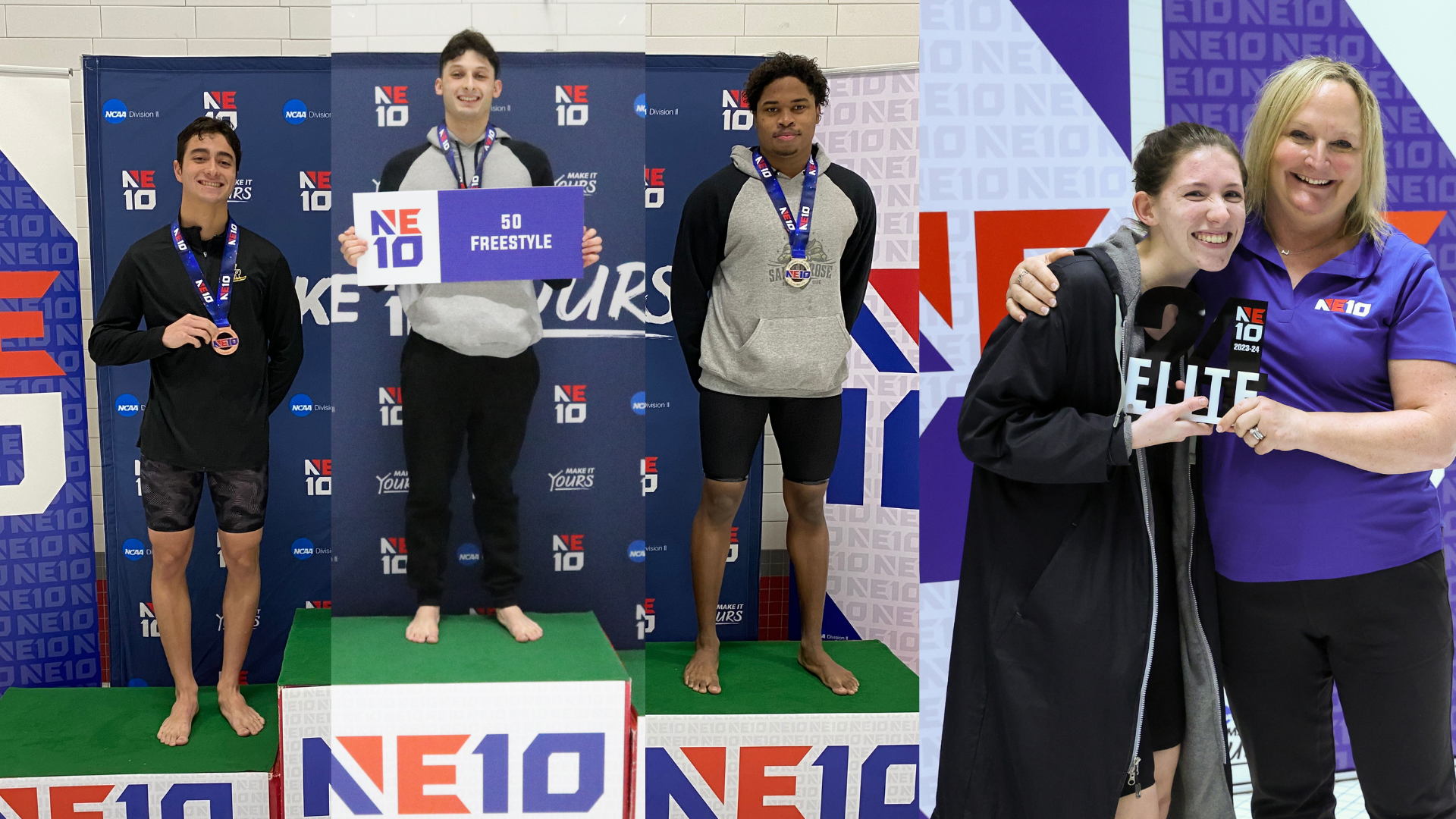 Fabrizio Infante, James Henriques, Delroy Tyrrell, and Gabbie Lupe of The College of Saint Rose swimming & diving teams on the podium of the 2023-24 Northeast-10 Conference Championships in Worcester, Massachusetts