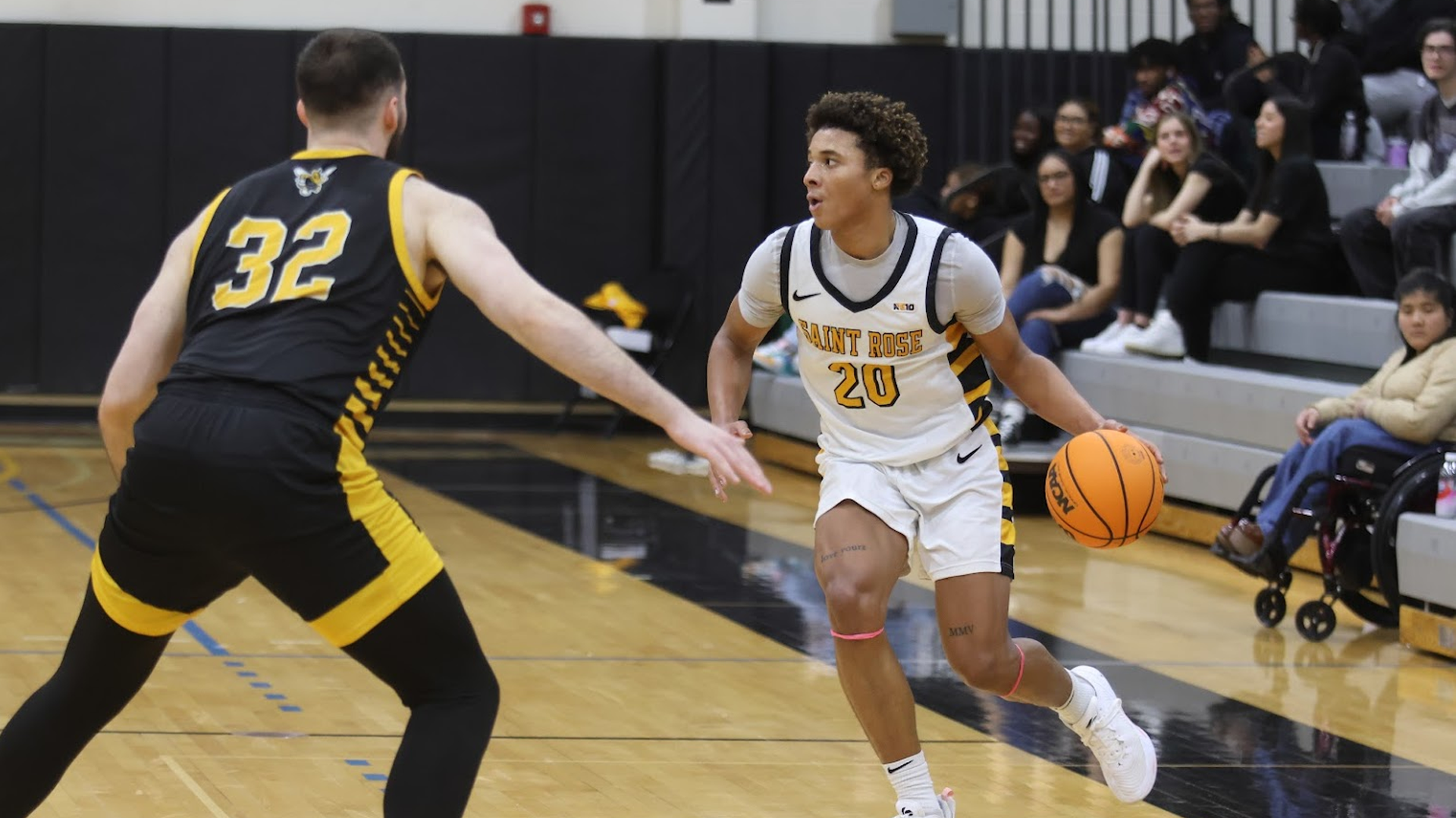 Christian Pierre-Louis of The College of Saint Rose men's basketball team in action against American International College on Saturday, February 10, 2024 in Albany, New York