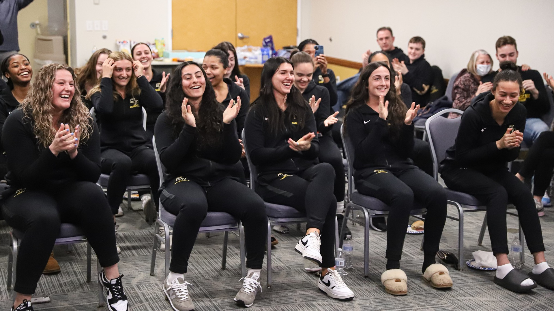 The College of Saint Rose 2023-24 women's basketball team celebrates earning an NCAA Tournament berth on Sunday, March 10, 2024 in Albany, New York