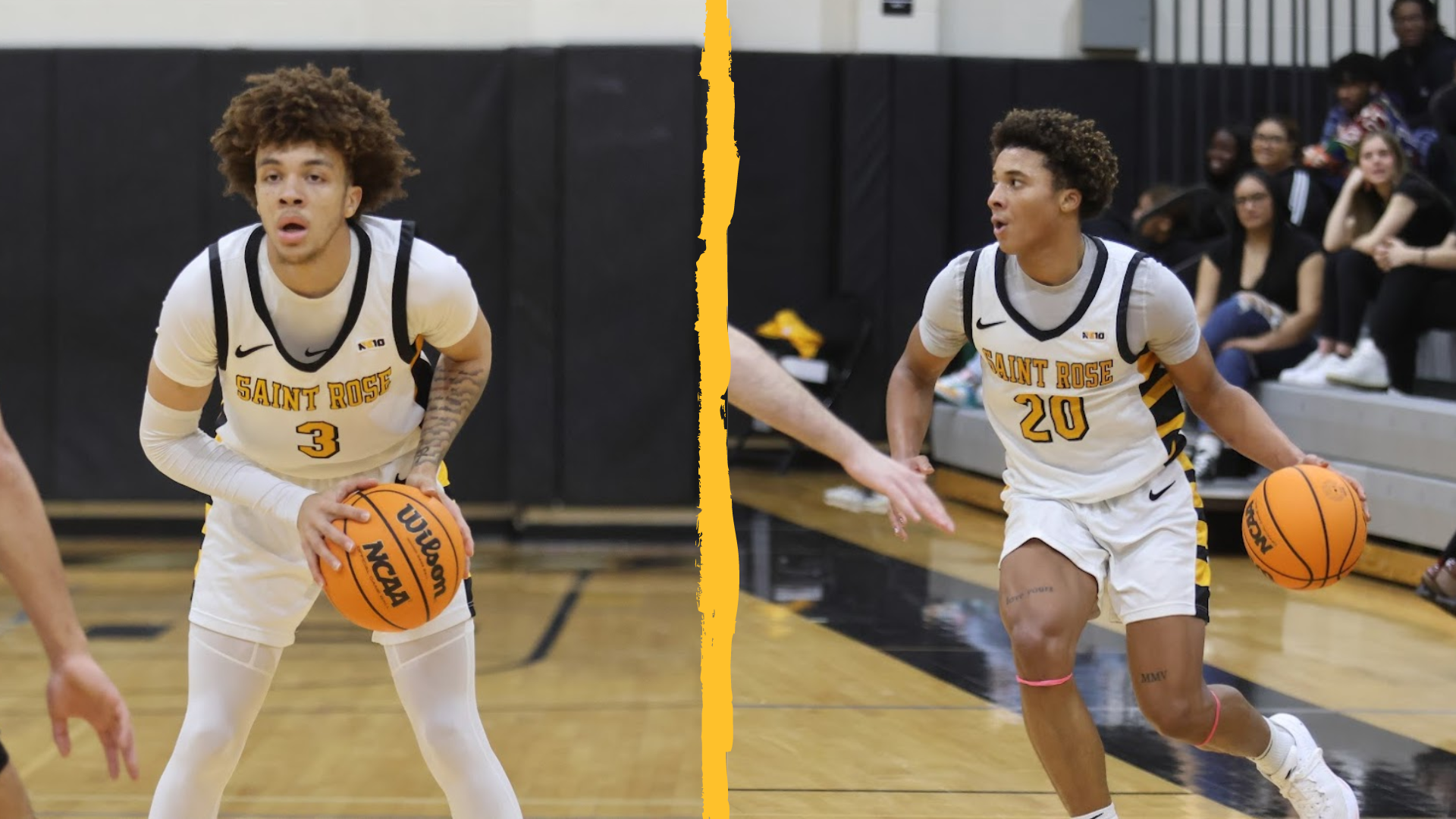 Graphic for Trey Boyd III and Christian Pierre-Louis of The College of Saint Rose men's basketball team receiving 2023-24 northeast-10 Conference All-Rookie team honors