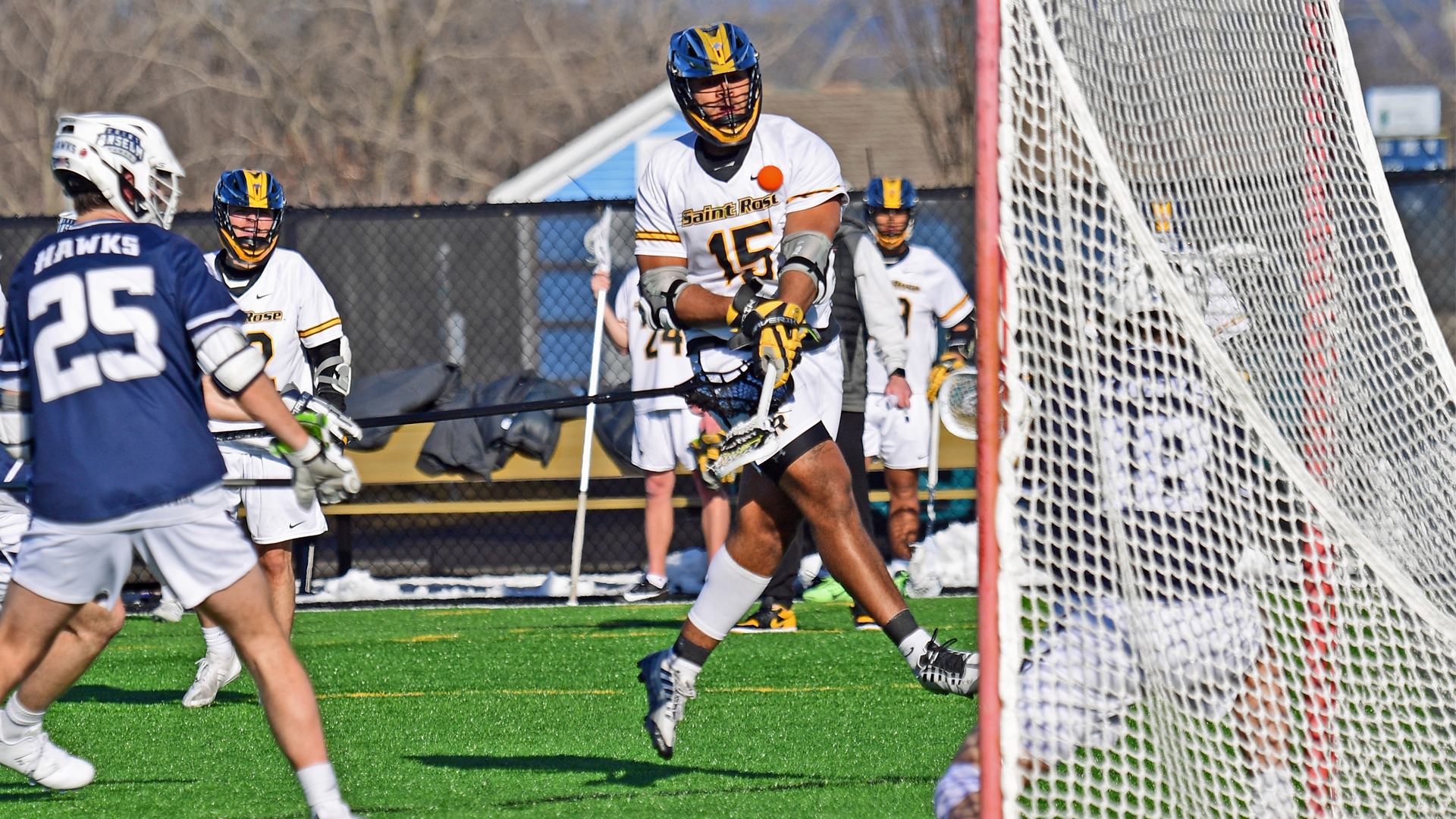 Noah Gibson of The College of Saint Rose men's lacrosse team in action against Saint Anselm on Monday, March 25, 2024 in Albany, New York
