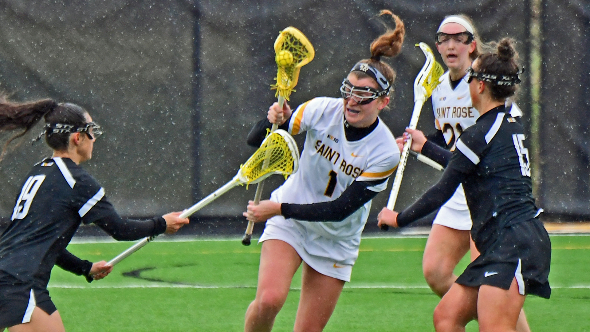 Emily Robbie of The College of Saint Rose 2024 women's lacrosse team in action against Adelphi on Tuesday, April 2, 2024 in Albany, New York