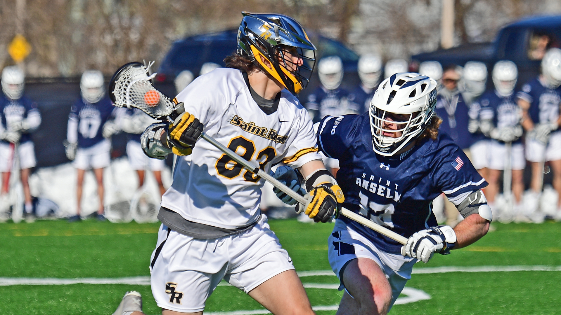 Natham Ham of The College of Saint Rose men's lacrosse team in action against Saint Anselm on Monday, March 25, 2024 in Albany, New York
