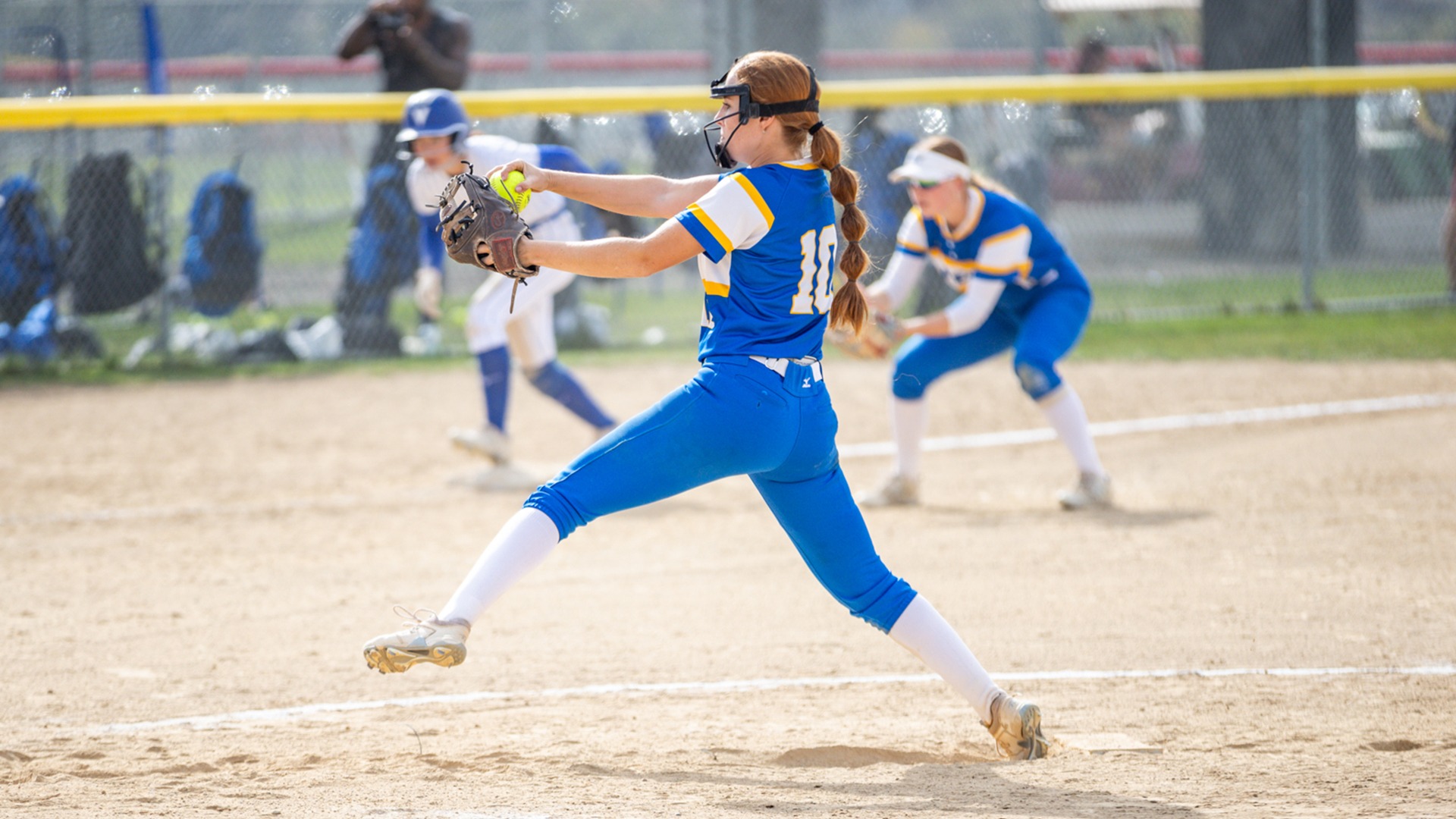 UBCO pitcher Mikhaela Muir fires a pitch against the Victoria Vikes at High Noon Park in Kelowna.