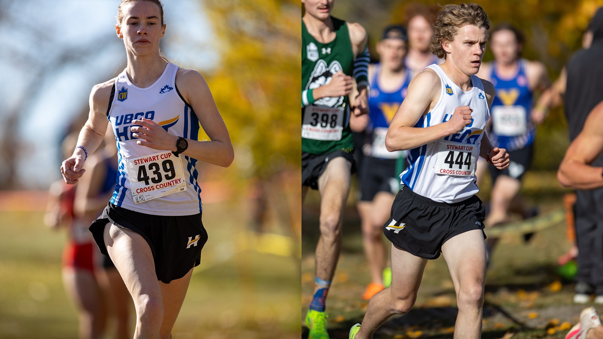 UBCO cross country runners Brooke Lawlor (left) and Kyle Porter (right) compete at the 2024 Stewart Cup in Calgary.