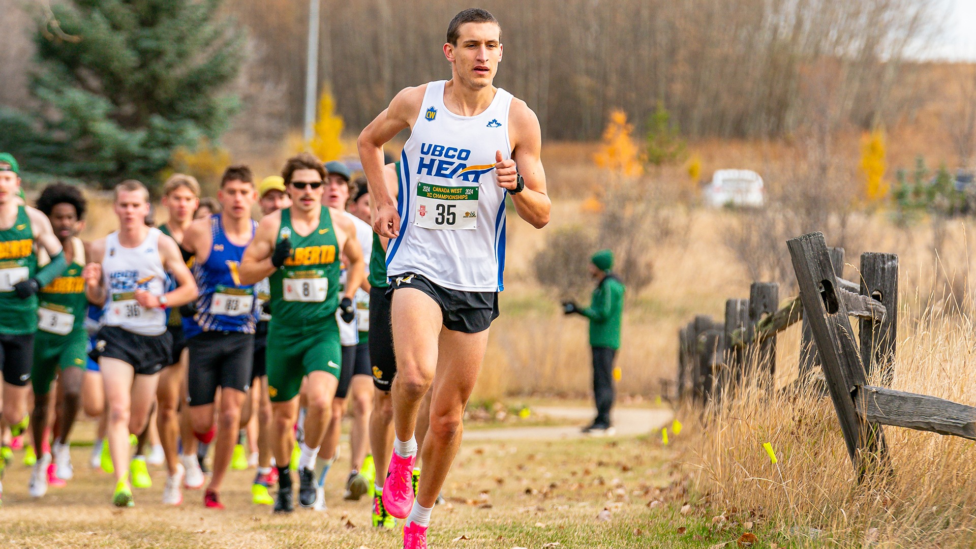 UBCO cross country runner Owen Lloyd leads the pack during action at the 2024 Canada West Championships in Alberta.