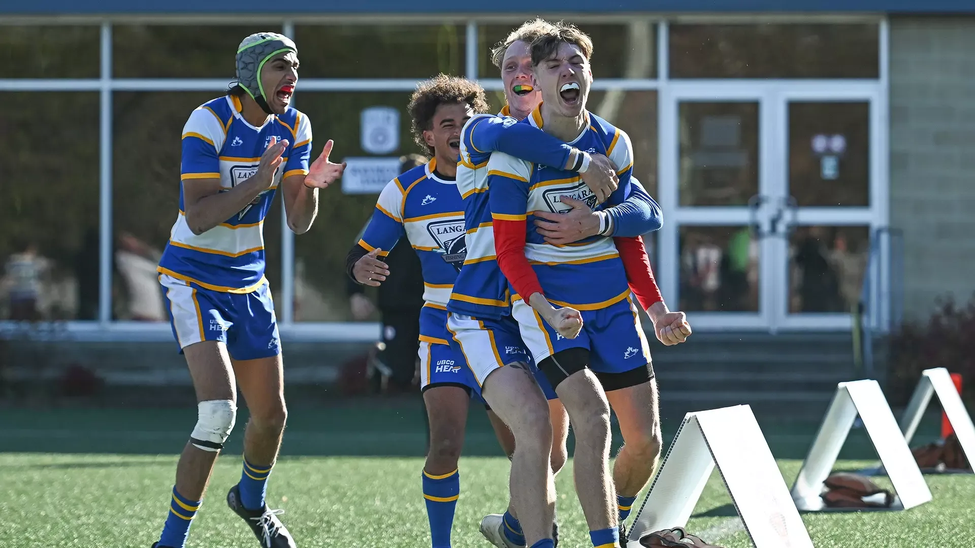 UBCO men's rugby wing Jack McCallum celebrates his game-winning try against the Memorial Sea-Hawks in the CUMRC consolation semifinals in Ottawa.