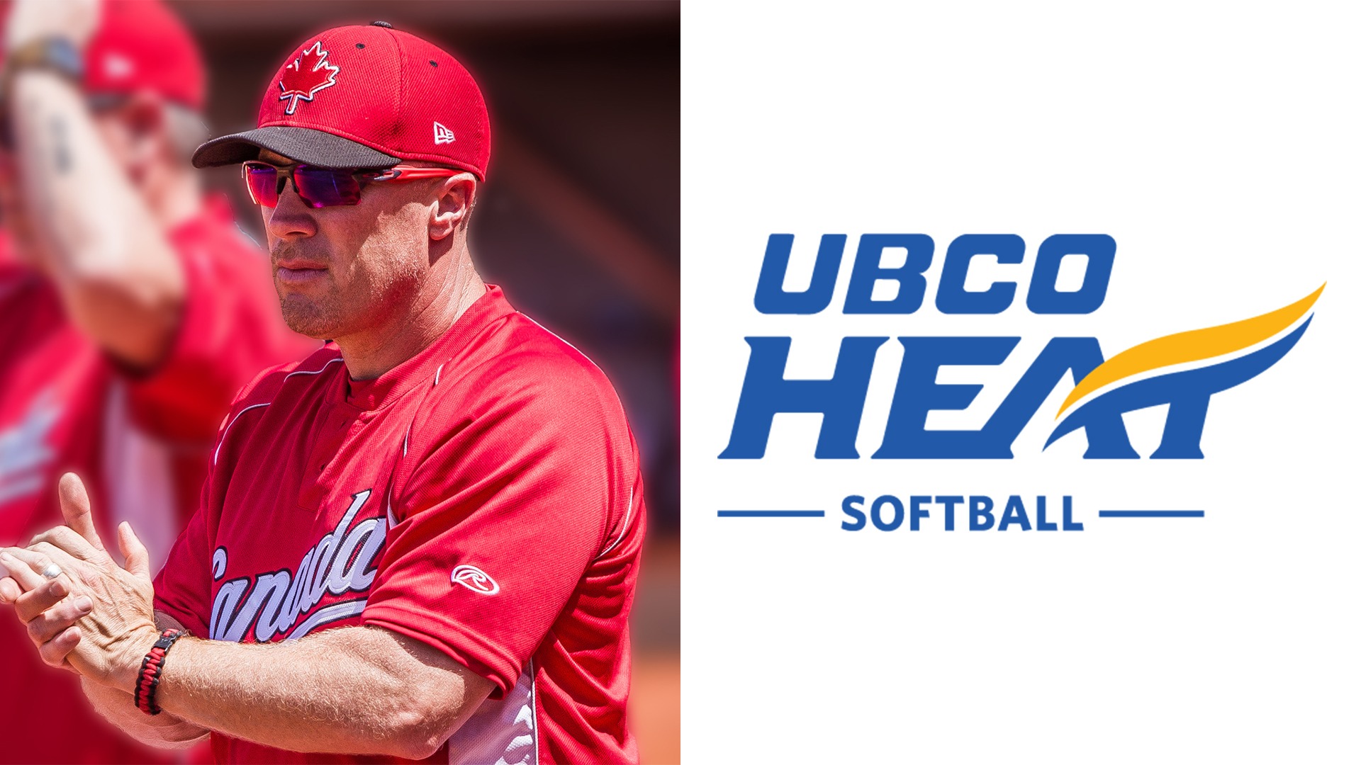 A photo of new Heat softball head coach Doug Allin coaching with Team Canada sits alongside the UBCO Heat Softball logo