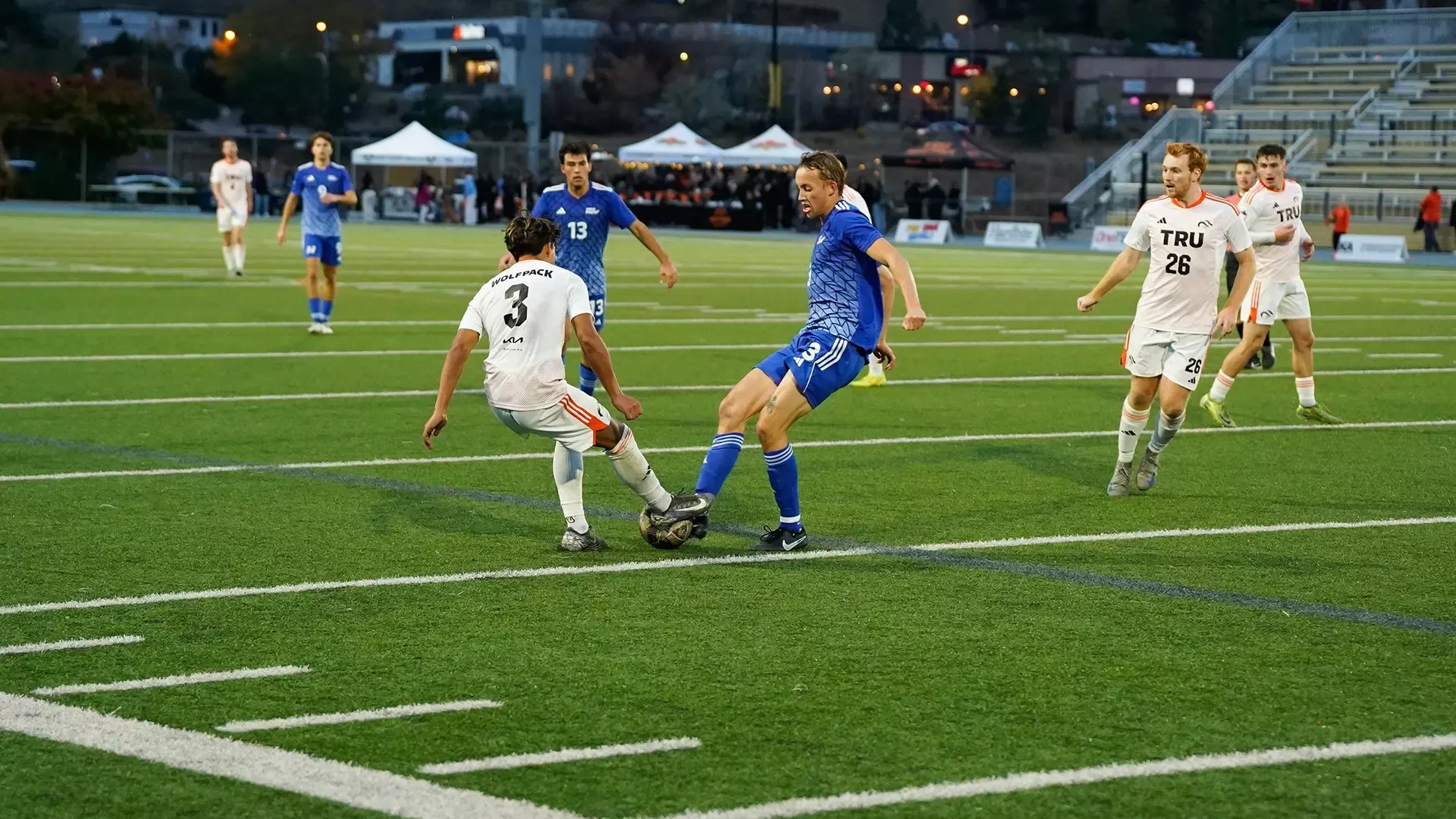 UBCO defender Matteo Clarke battles for possession with midfielder Alex Sol looking on during action against the Thompson Rivers WolfPack in Kamloops.
