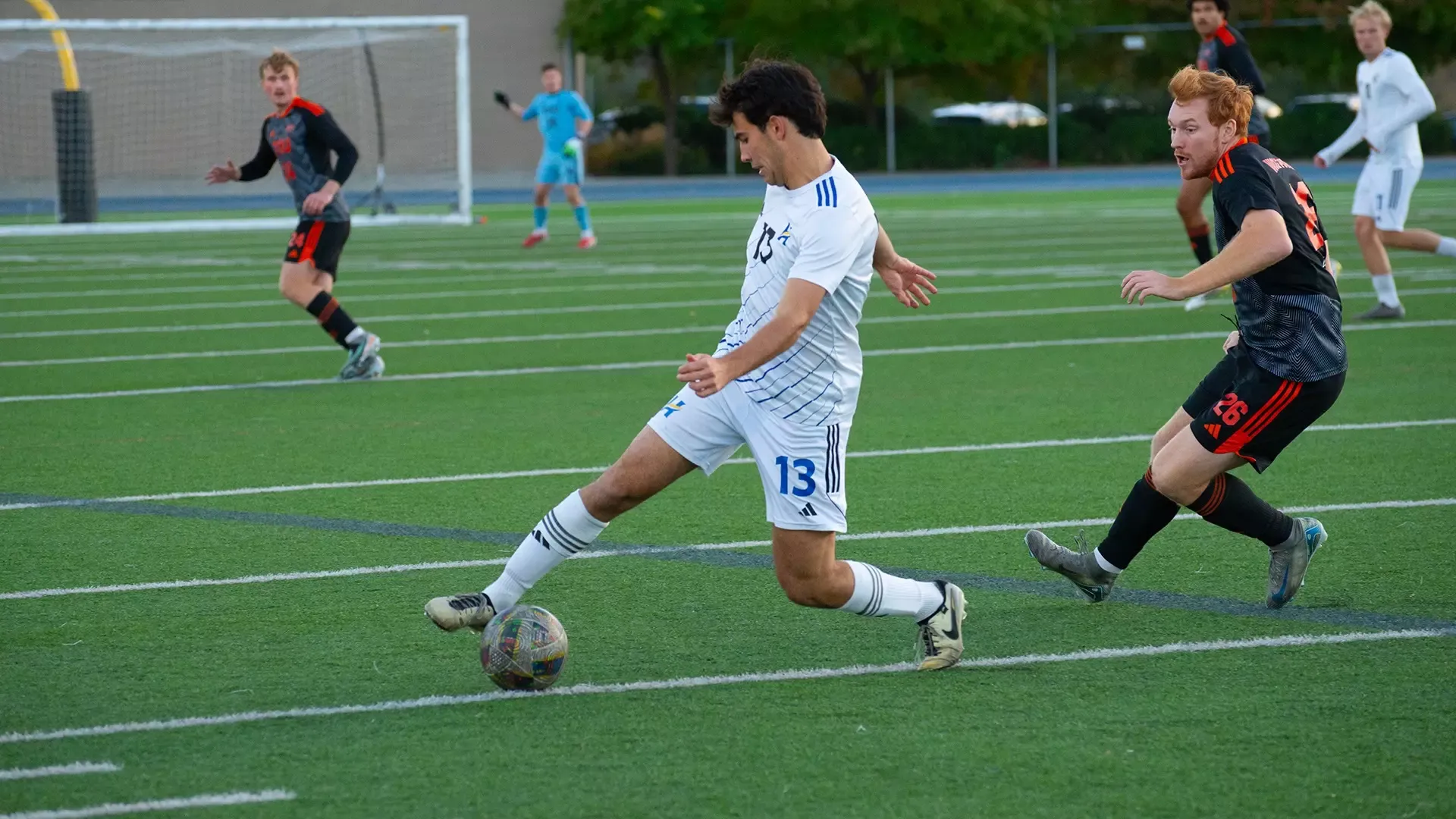 UBCO midfielder Alex Sol turns away from a WolfPack defender during action against Thompson Rivers in Kamloops.