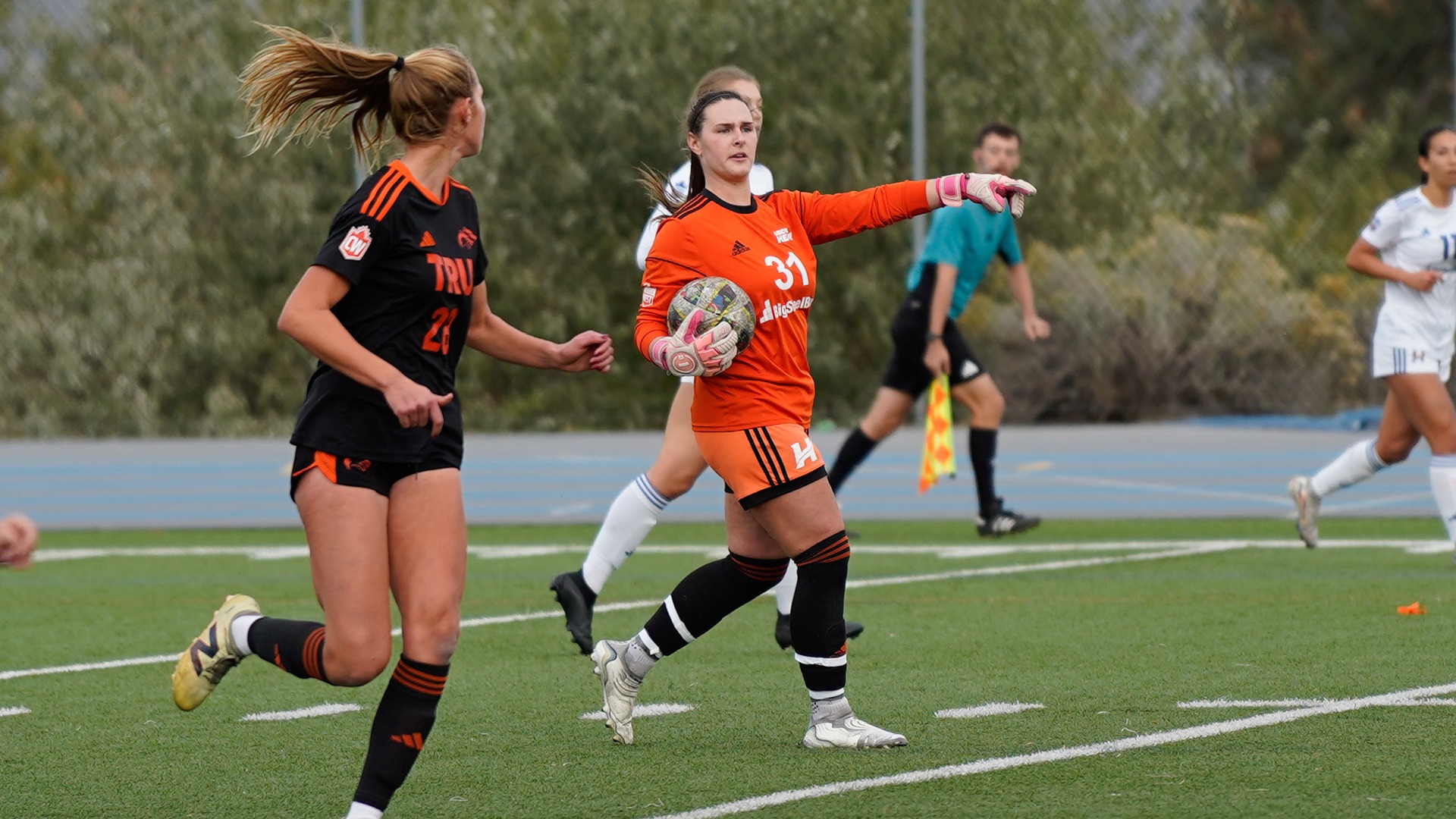 UBCO goalkeeper Allyson Ford directs traffic during action against the Thompson Rivers WolfPack in Kamloops.
