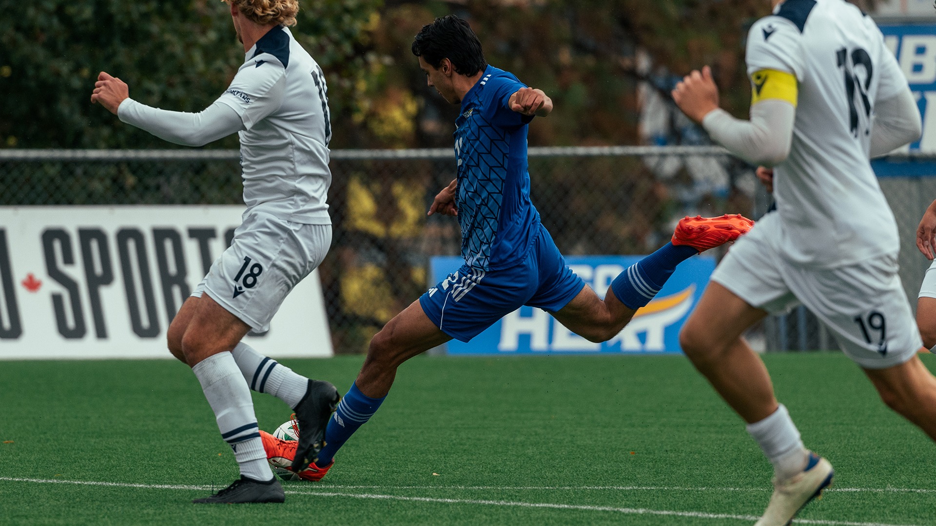 UBCO forward Jacobo Saenz Ramos winds up for a shot during action against the Trinity Western Spartans at Nonis Sports Field.