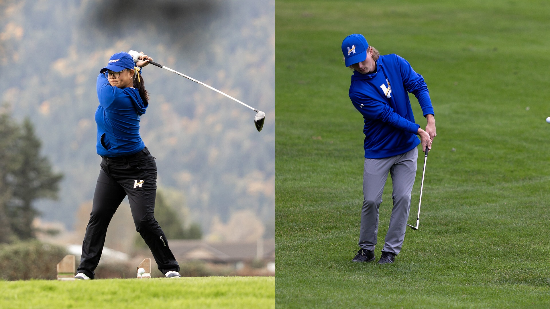 UBCO golfers Shinyao Zhang (left) and Ryan Vest (right) compete during the opening round of the 2025 Canada West Championships at the Chilliwack Golf Club.