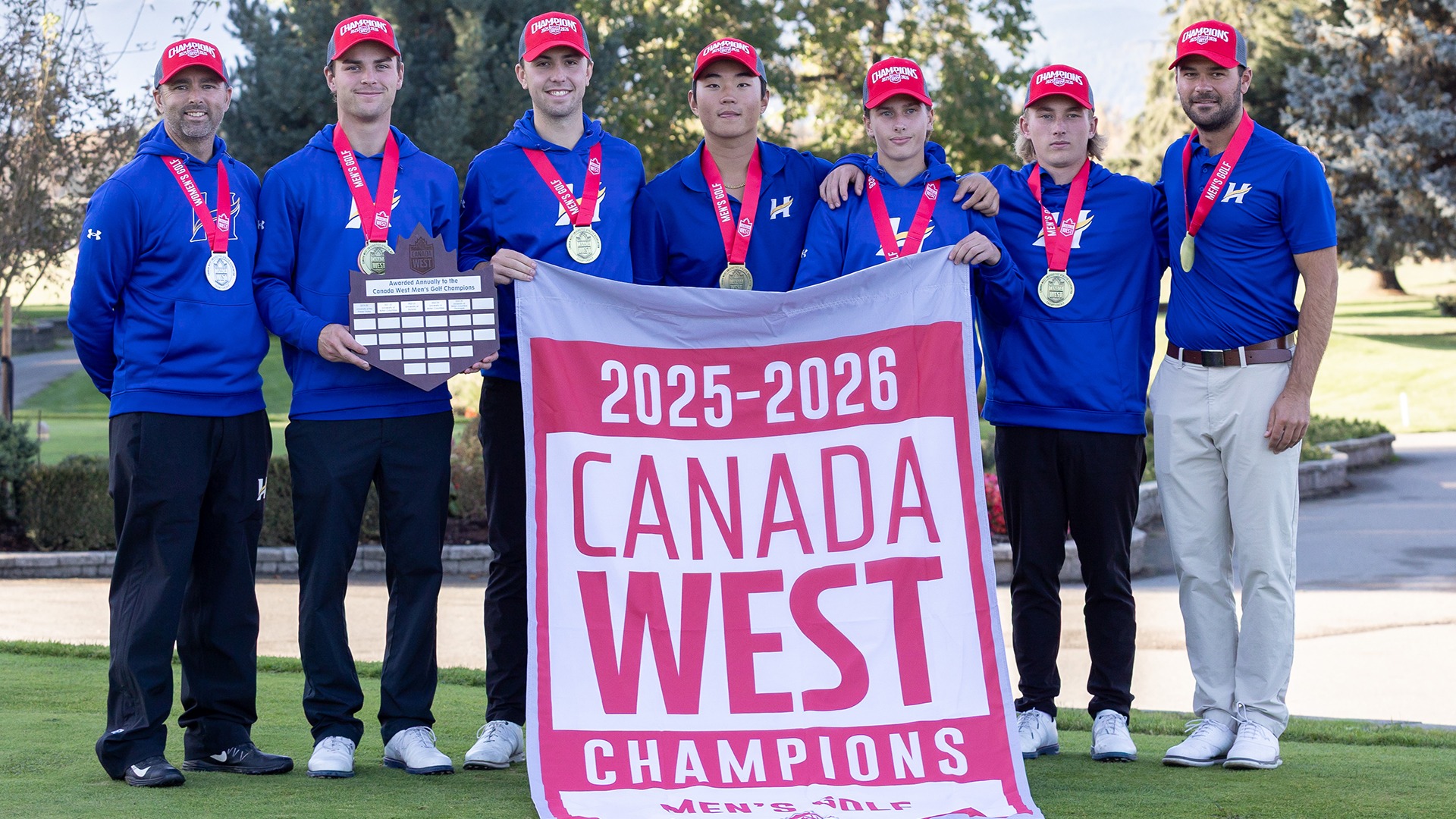 Members of the UBCO men's golf team, from left to right head coach Clay Stothers, Ryan Gillis, Andrew Rouble, Chris Jo, Oakley Mayner and Ryan Vest, pose with the Canada West Championship banner and plaque following their victory at the 2025 championships at the Chilliwack Golf Club.