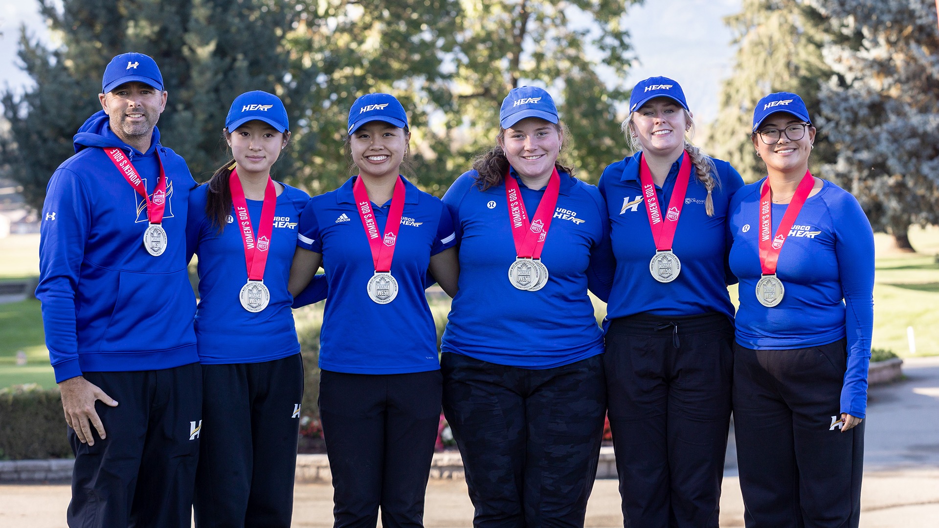 Members of the UBCO women's golf team, from left to right head coach Clay Stothers, Kiana Chen, Bess Chan, Julia Alexander-Carew, Lauren Nedo and Shinyao Zhang, pose with their Canada West silver medals following the 2025 Canada West Championships at the Chilliwack Golf Club.