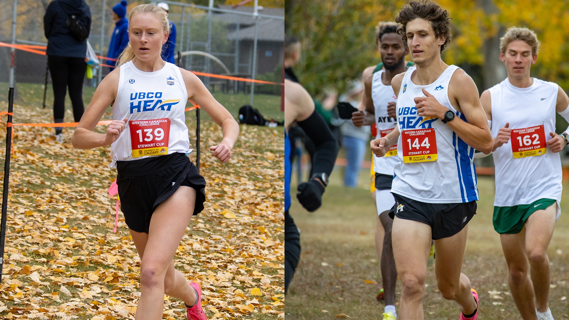UBCO runners Tori Bouck (left) and Owen Lloyd (right) compete at the Western Canadian Challenge in Calgary.