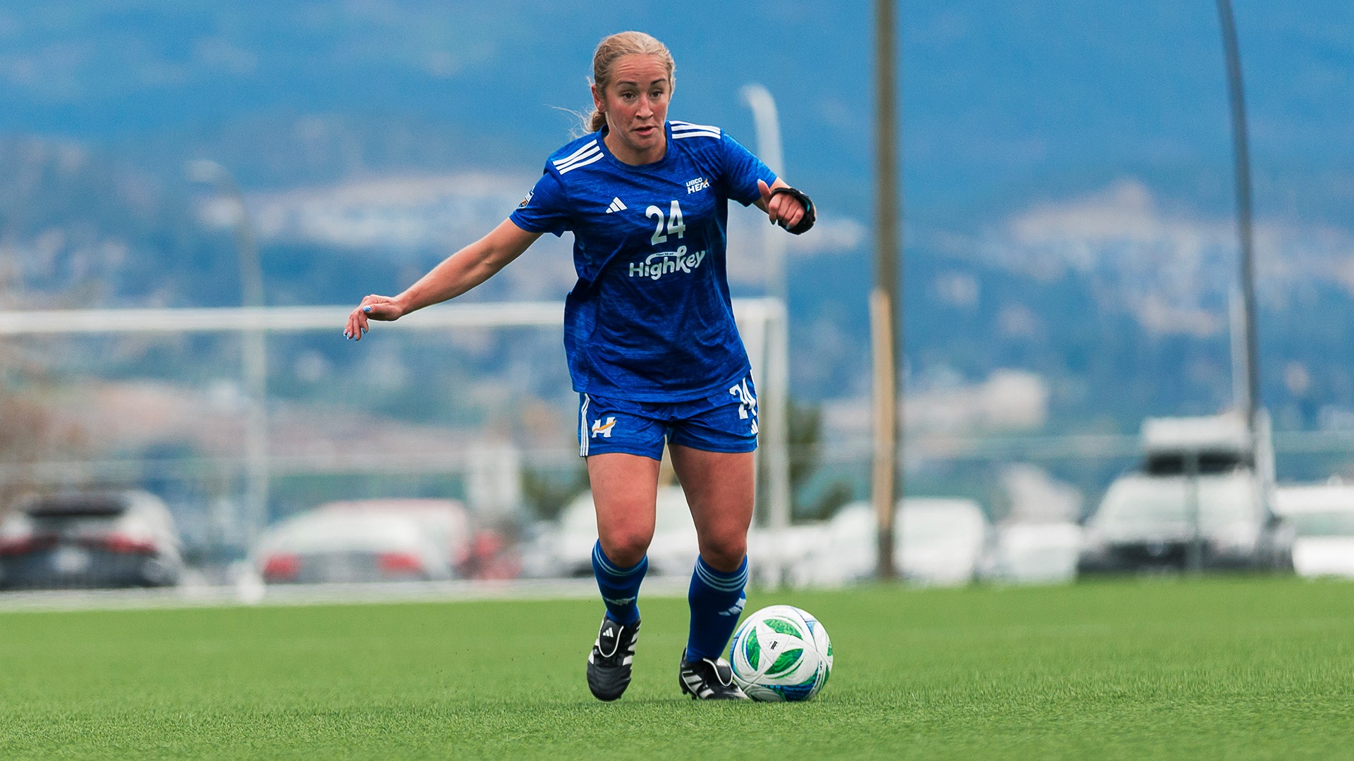 UBCO midfielder Annika Gross dribbles the ball during action against the UNBC Timberwolves at Nonis Sports Field.
