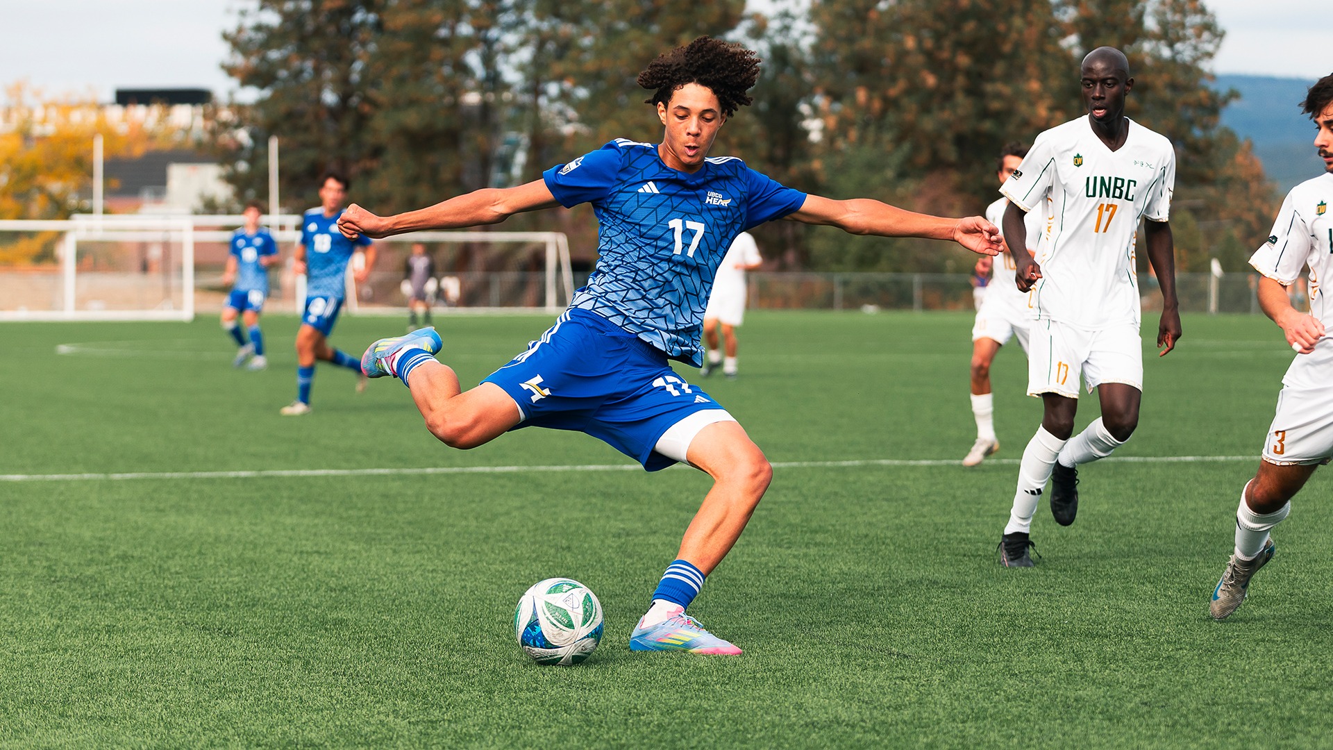 UBCO forward Gavin La Montagne winds up to fire a shot during action against the UNBC Timberwolves at Nonis Sports Field.