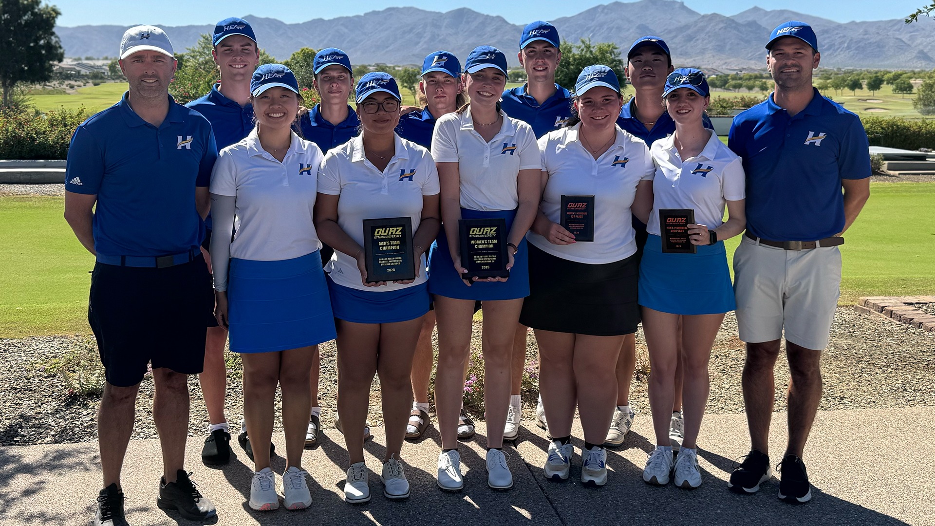 Members of the UBCO men's and women's golf team pose with their championship plaques following their victories at the OUAZ Fall Invitational in Surprise, Arizona.