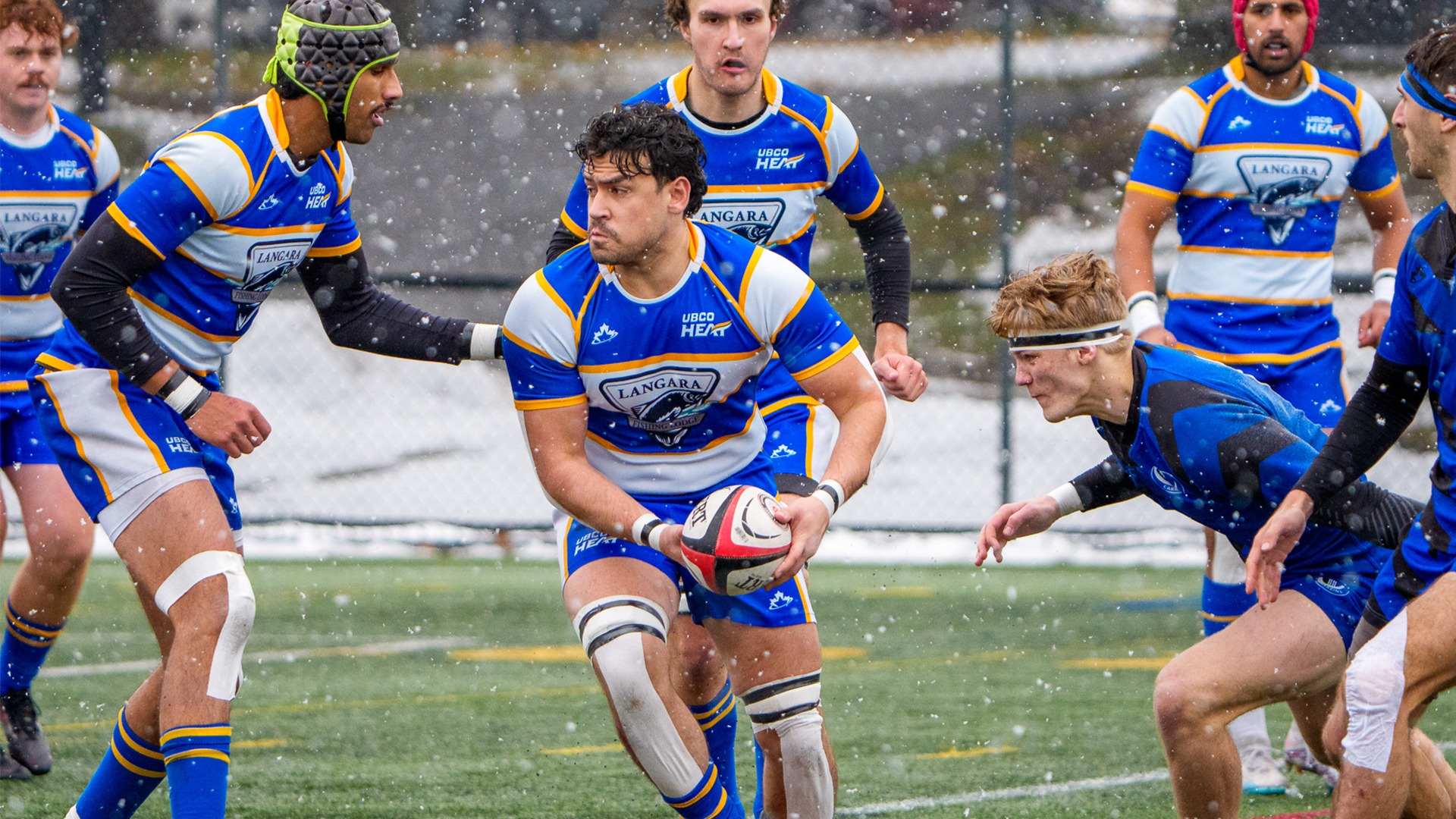 UBCO prop Restum Shakiri looks to make a pass during action against the Montreal Carabins in Montreal.