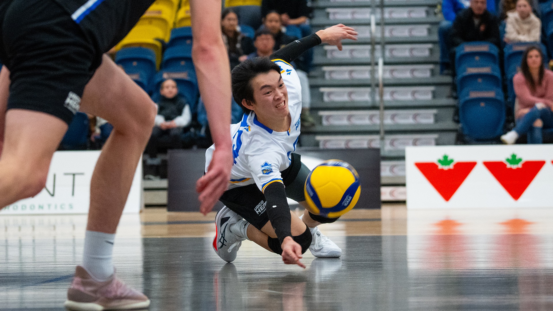 UBCO libero James Tse dives for a ball during action against the Brandon Bobcats in Brandon.