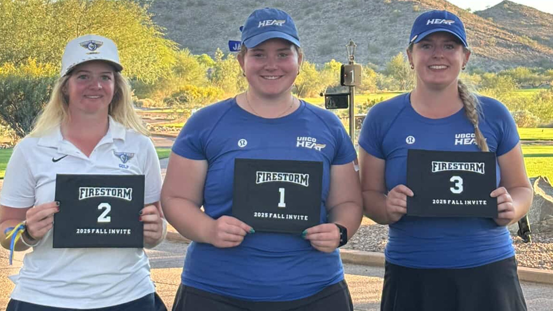 UBCO golfers Julia Alexander-Carew (middle) and Lauren Nedo (right) pose with a golfer from Embry-Riddle after finishing on the podium at the Firestorm Fall Invitational.