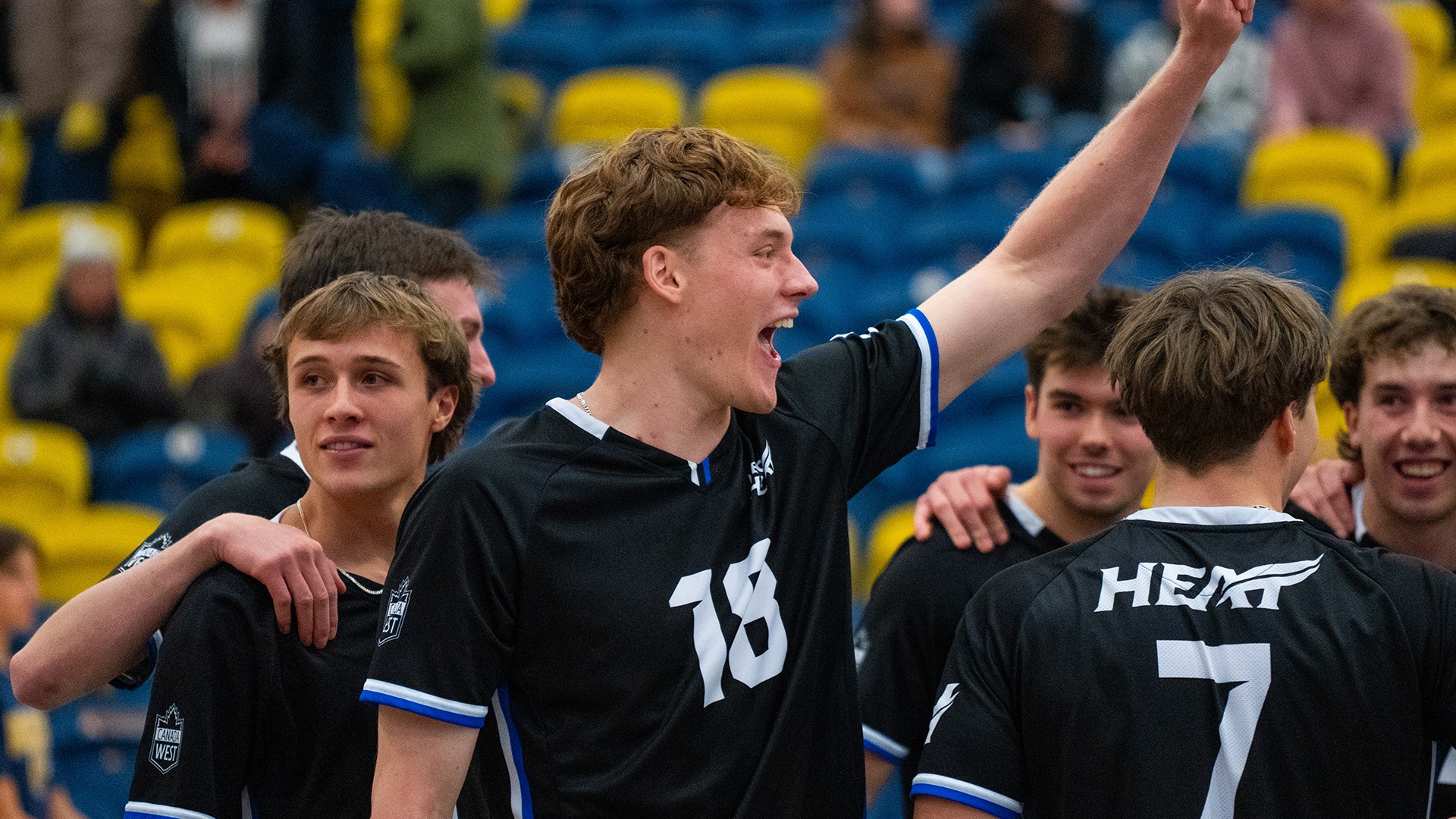 UBCO outside hitter Xander van Driel celebrates with his teammates following his team's win over the Brandon Bobcats in Brandon.