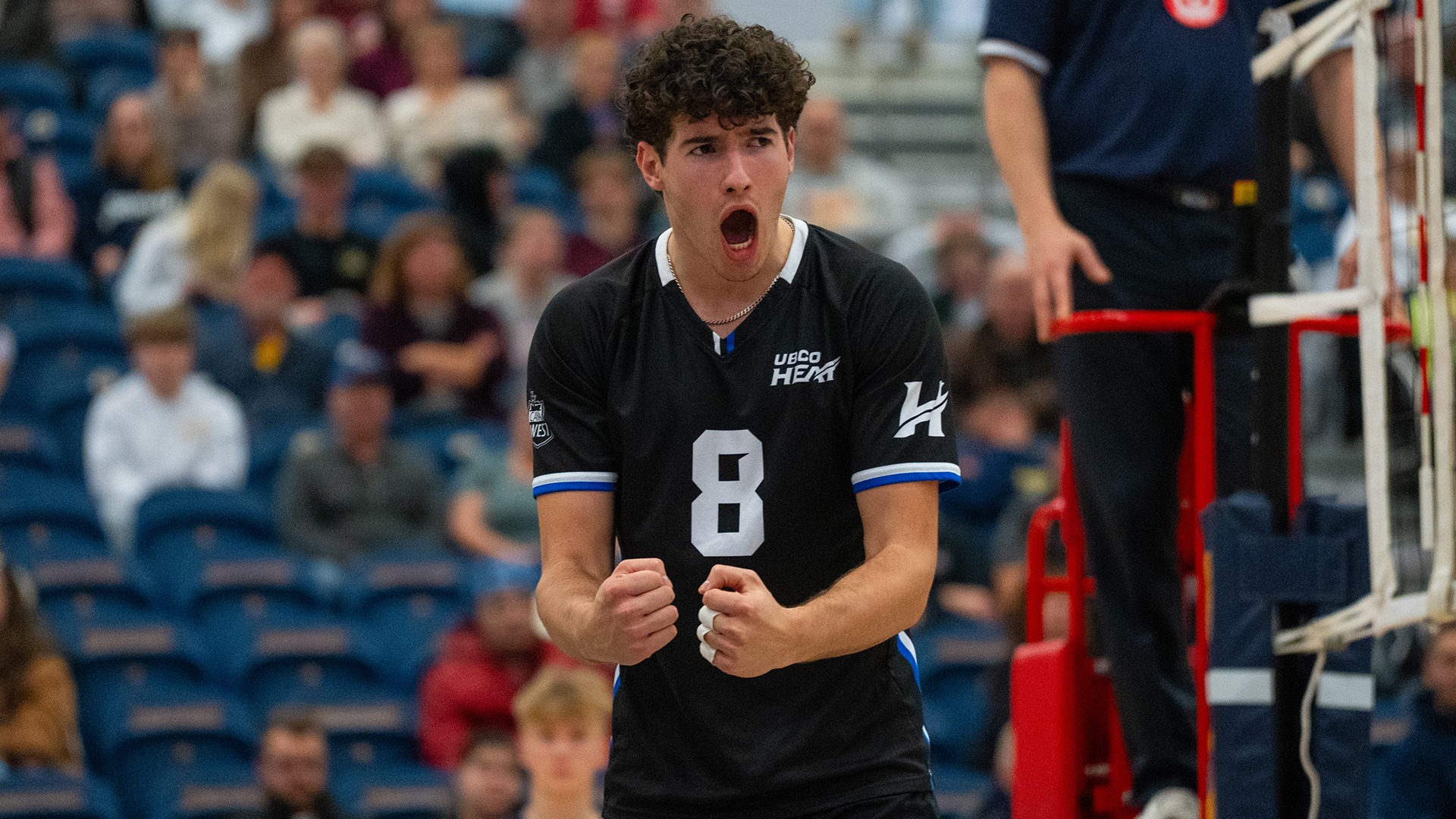 UBCO outside hitter Seba Manuel celebrates following a point against the Brandon Bobcats in Brandon.