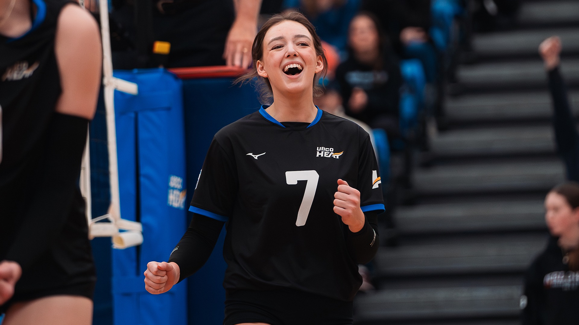 UBCO setter Kylan Finseth celebrates after a point during action against the Calgary Dinos at the UBCO Gymnasium.