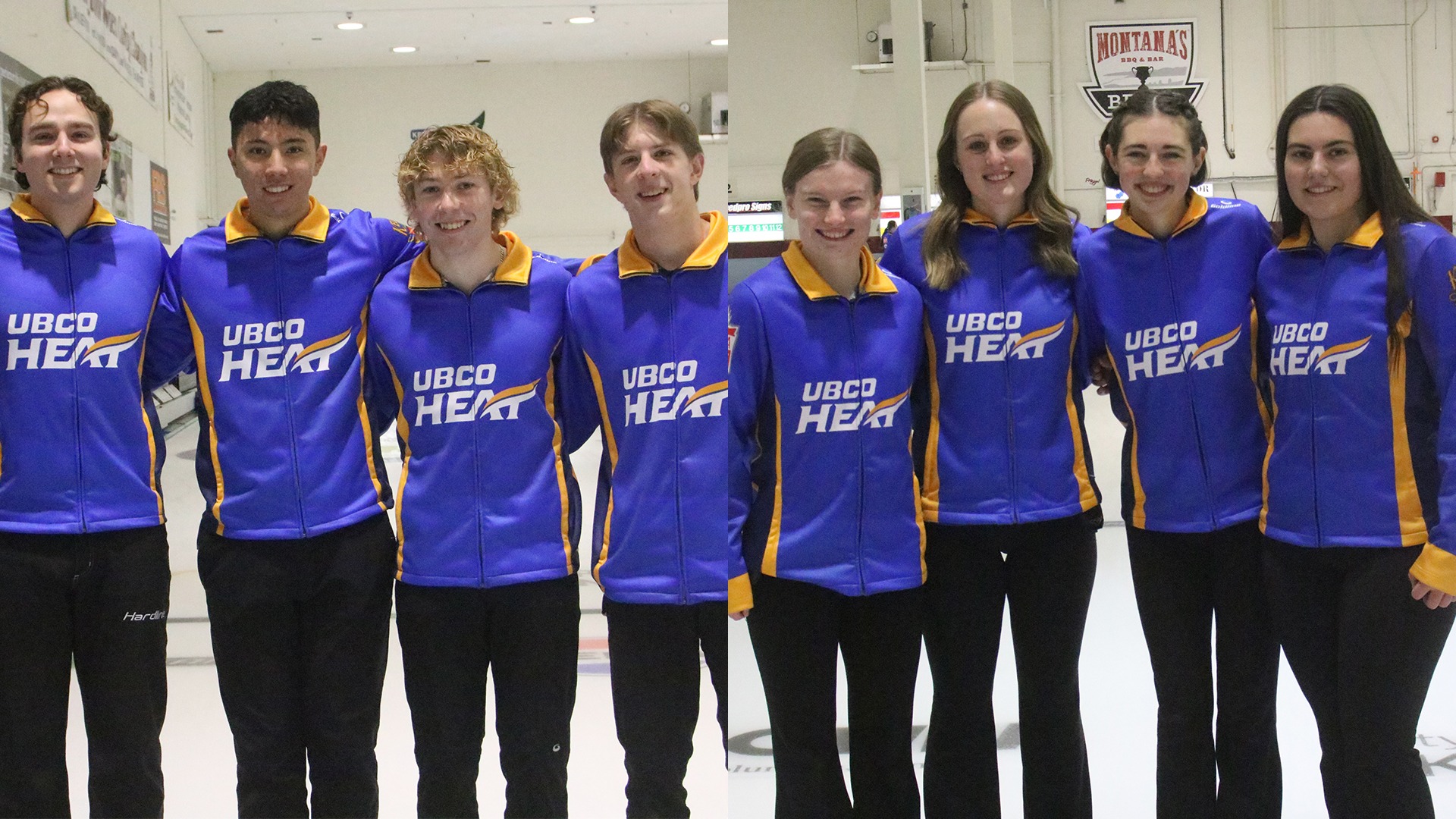 Members of the UBCO Heat men's curling team (right) and women's curling team (left) pose for team photos at the Kelowna Curling Club