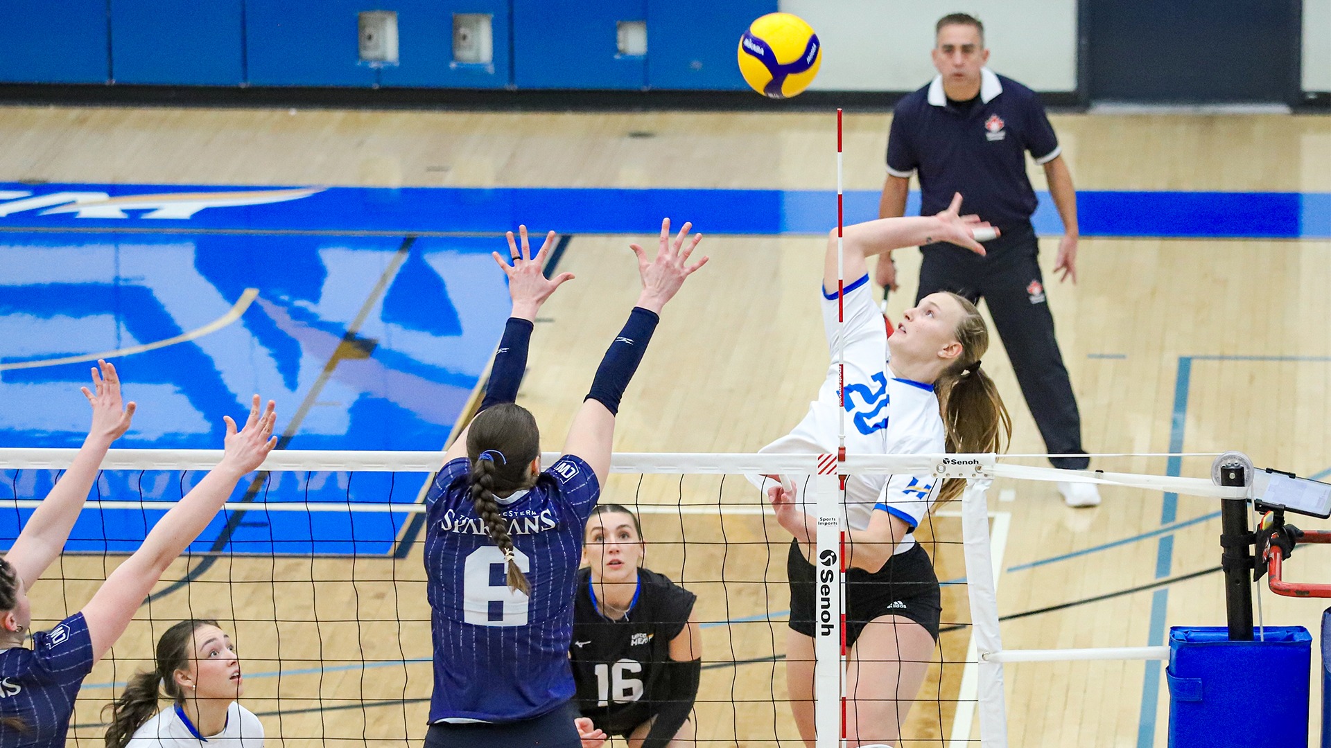 UBCO outside hitter Natalie Funk winds up for an attack during action against the Trinity Western Spartans at the UBCO Gymnasium.