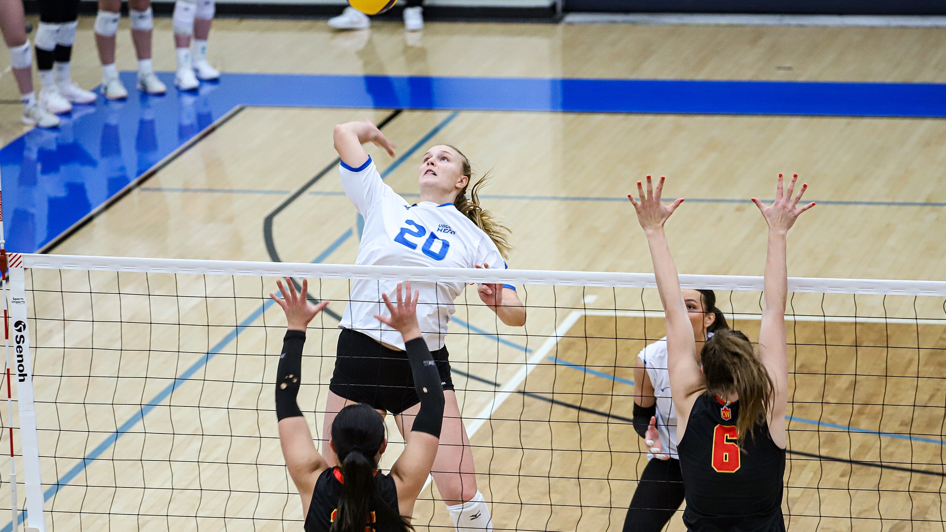 UBCO middle Natalie Funk lines up an attack during action against the Calgary Dinos at the UBCO Gymnasium.
