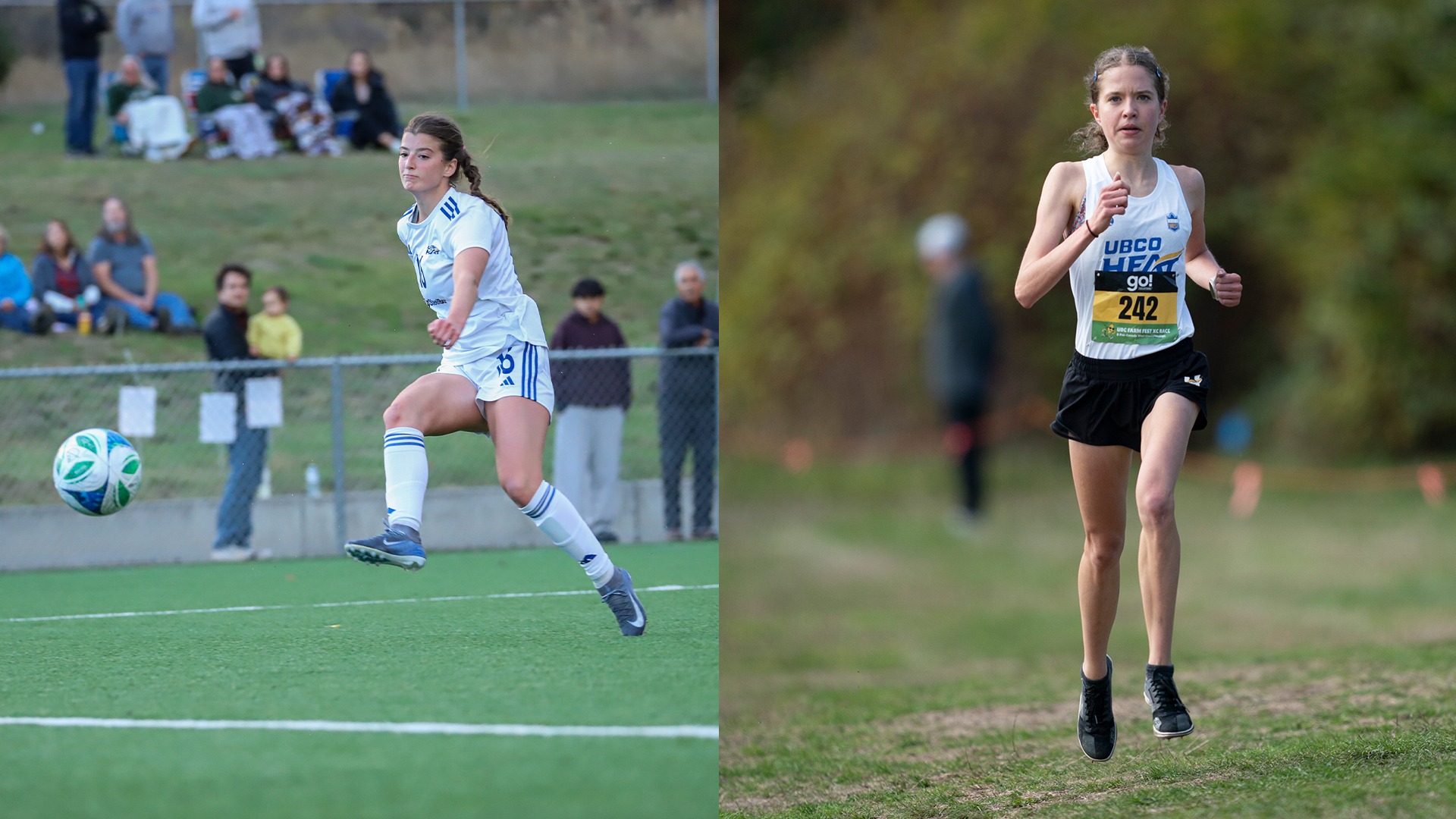 Maria Georgacacos, pictured on the left kicking a ball with her right foot, and Abigail Yakemchuk, pictured on the right running a race, were named CW Athletes of the Week on Oct. 13