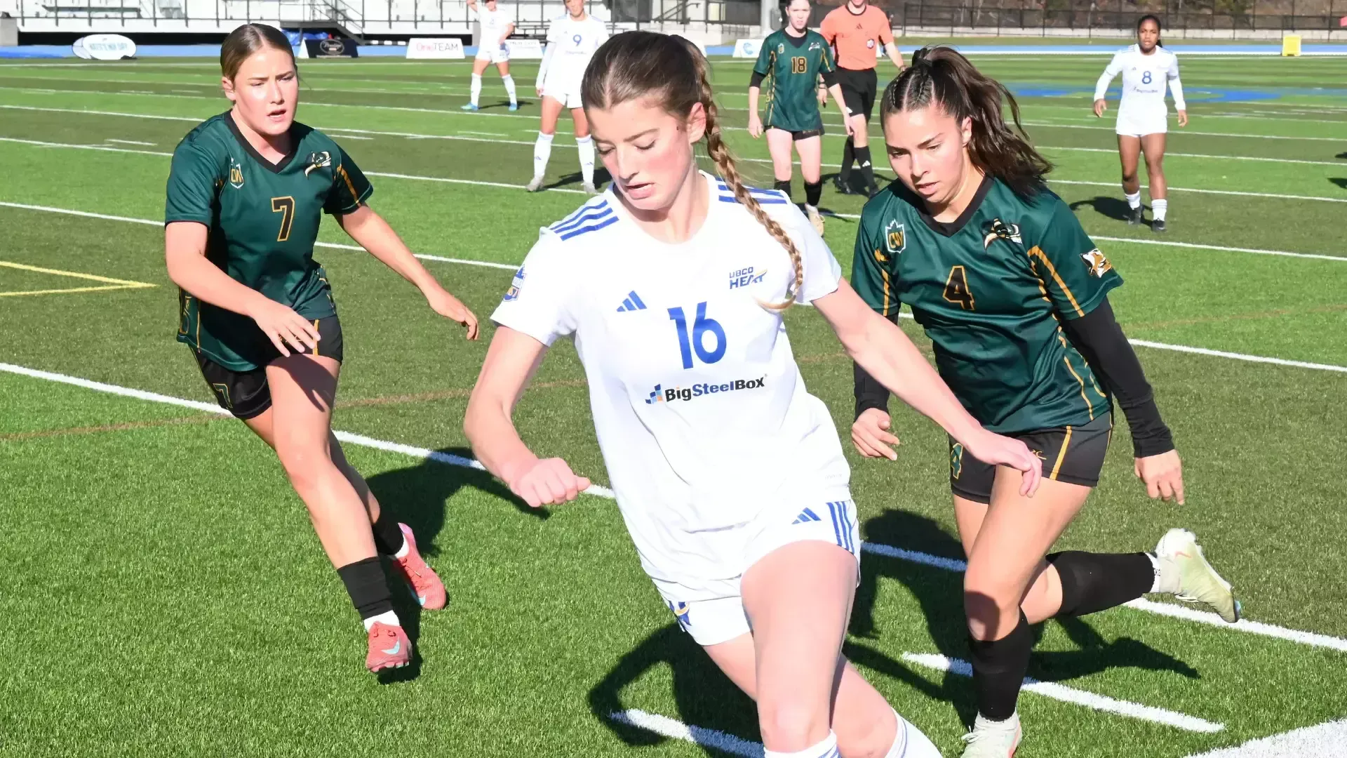 Maria Georgacacos of the UBCO Heat womens soccer team dribbles the ball vs UNBC Timberwolves