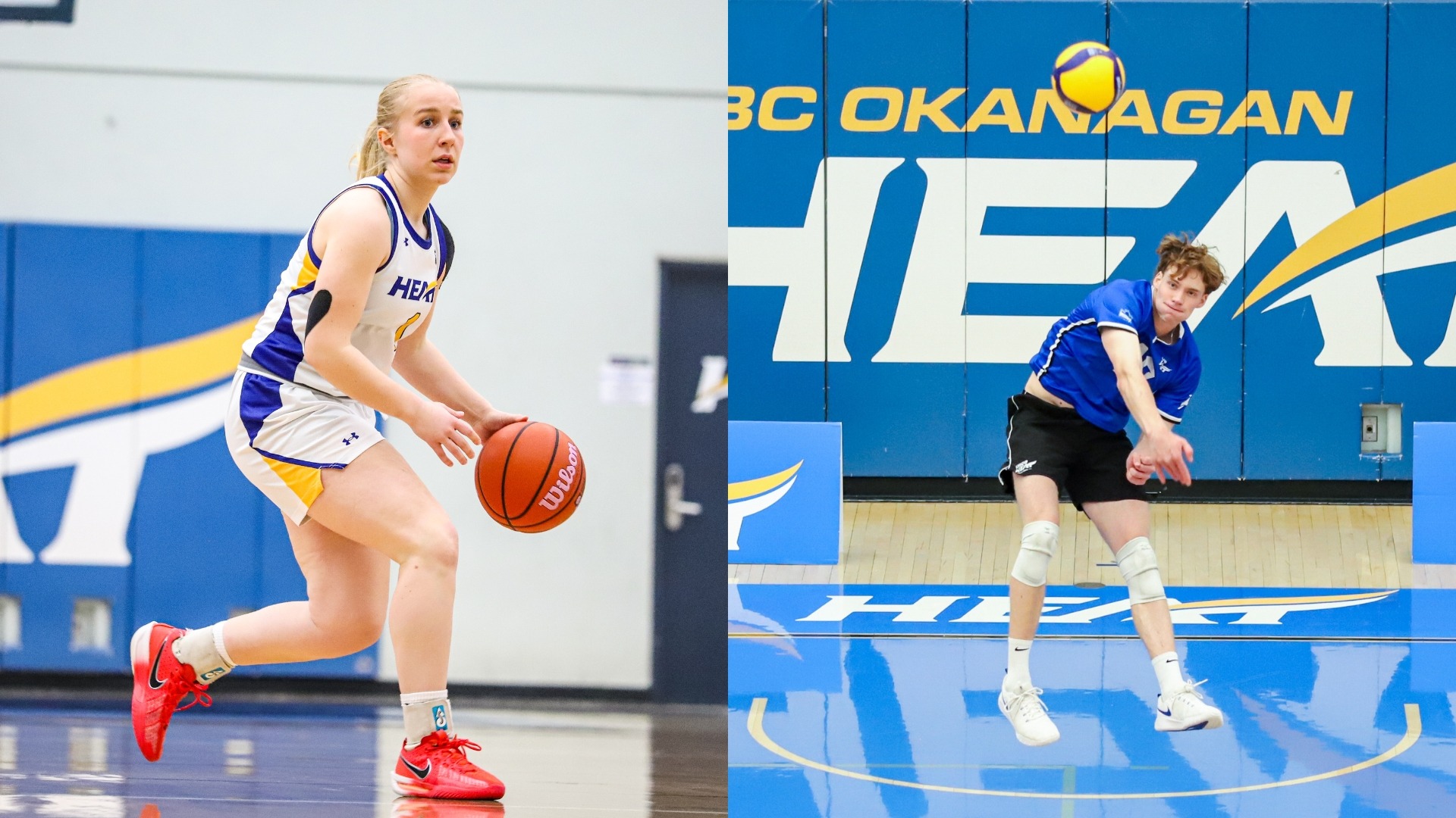Kiana Kaczur dribbles a ball for the women's basketball team while Xander van Driel serves a ball for the men's volleyball team