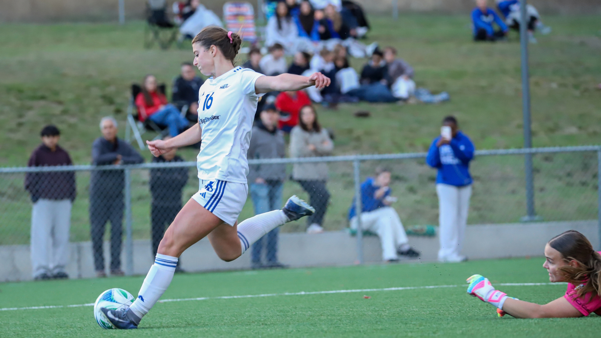 Maria Georgacacos puts her shot on goal in the back of the net 