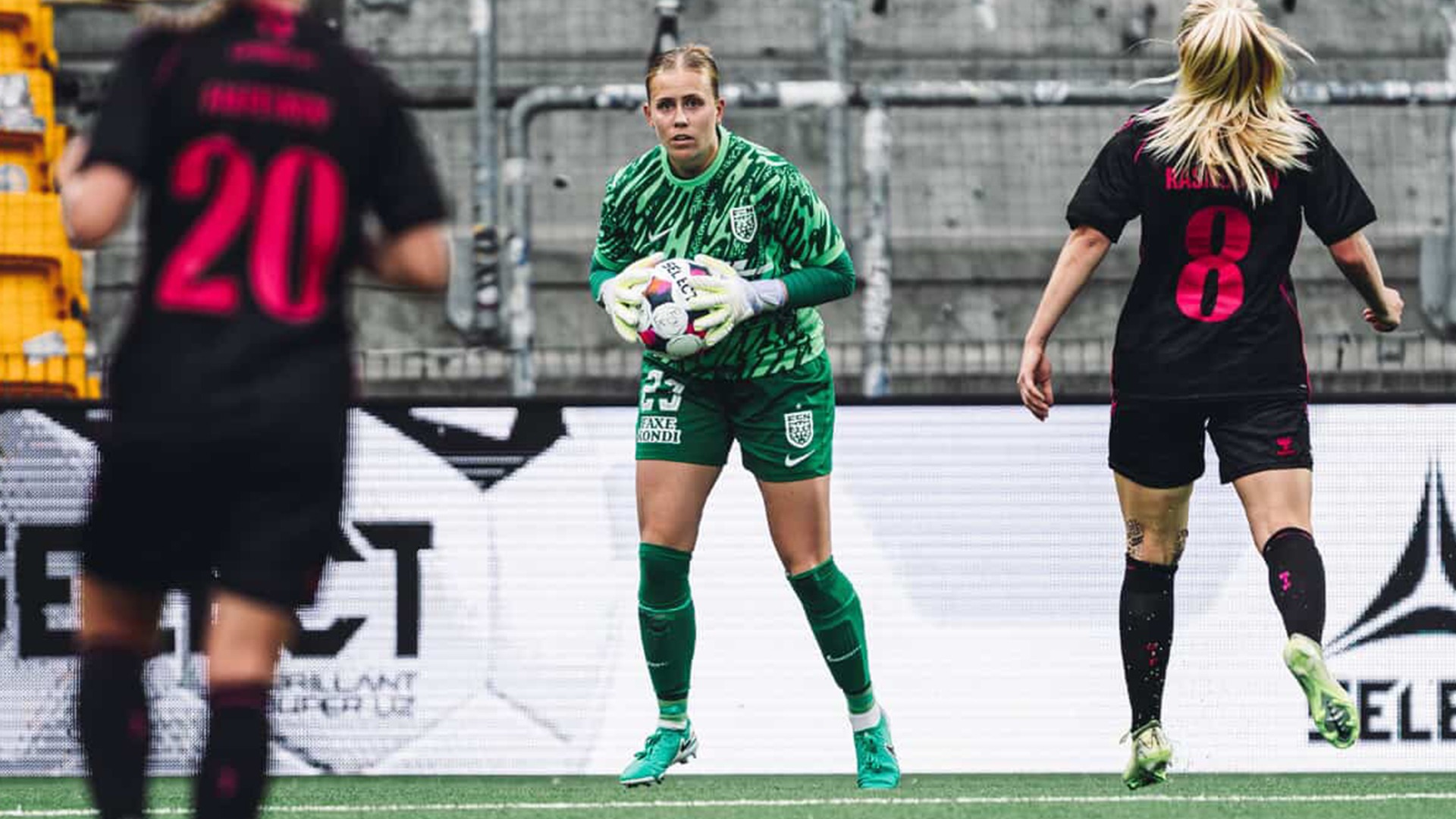 Former UBCO women's soccer goalkeeper Molly Race holds a ball while playing for FC Nordsjælland in Denmark.