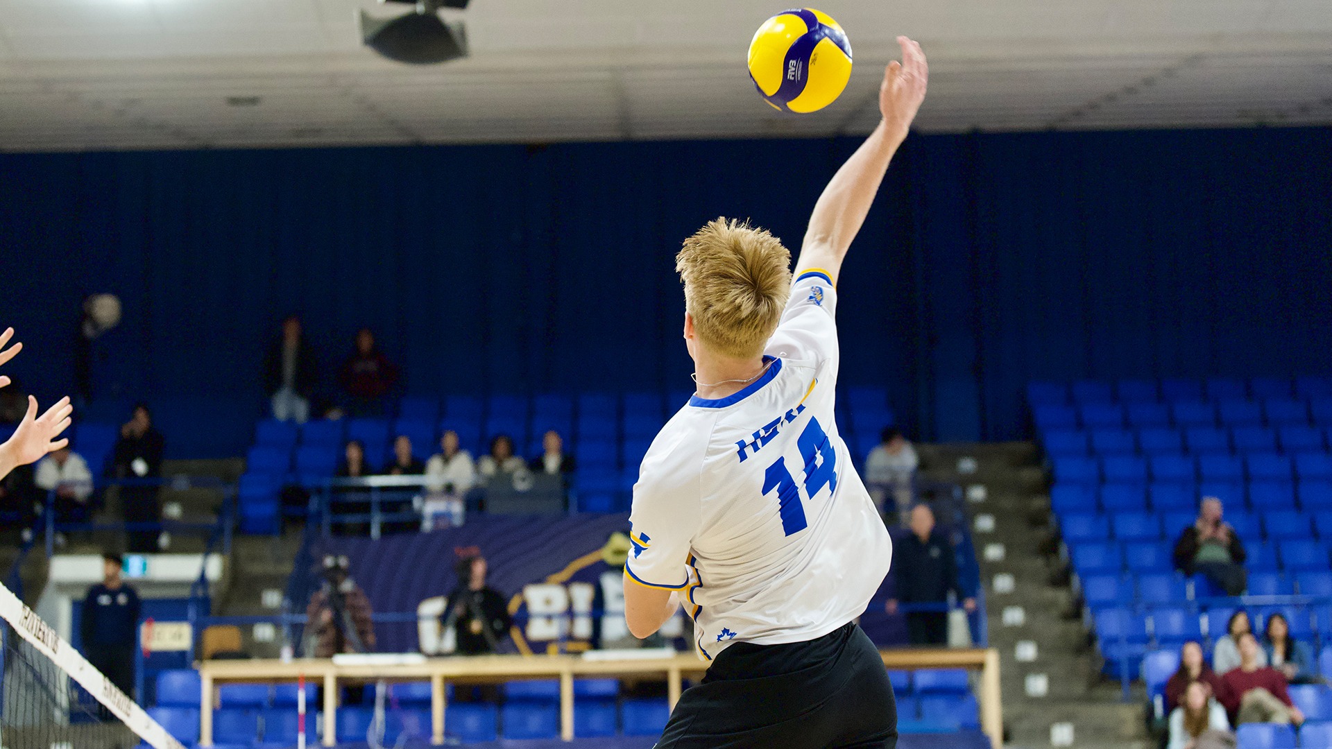 UBCO outside hitter Lucas Woelders winds up for an attack during action against the UBC Thunderbirds in Vancouver.