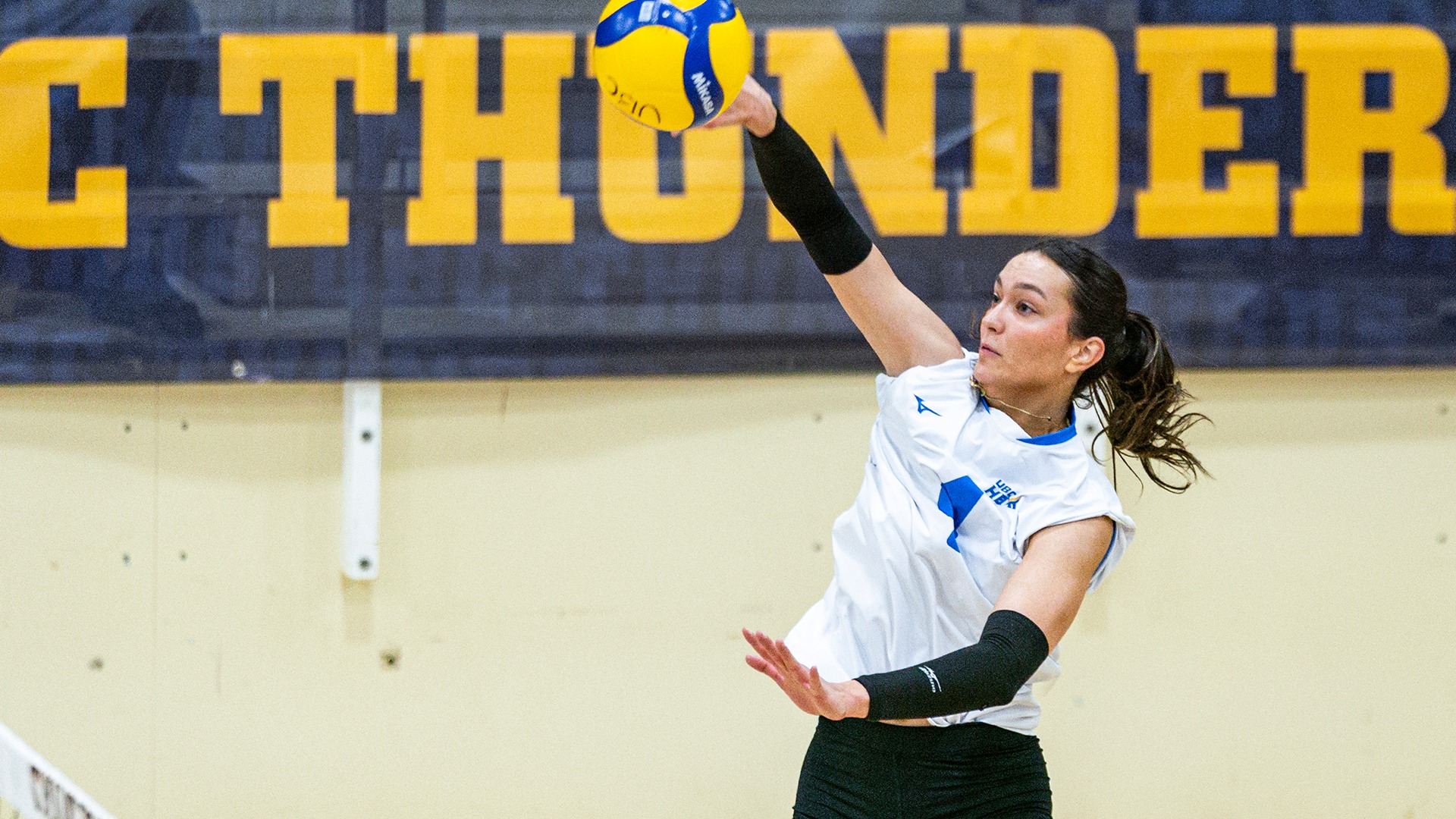 UBCO outside hitter Marija Josipovic fires an attack during action against the UBC Thunderbirds in Vancouver.