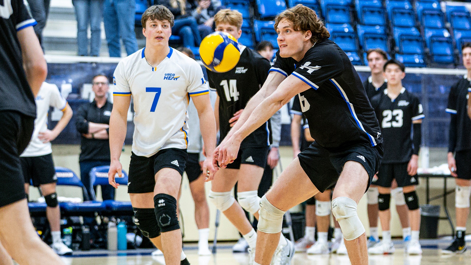 UBCO outside hitter Xander van Driel digs a ball during action against the UBC Thunderbirds in Vancouver.